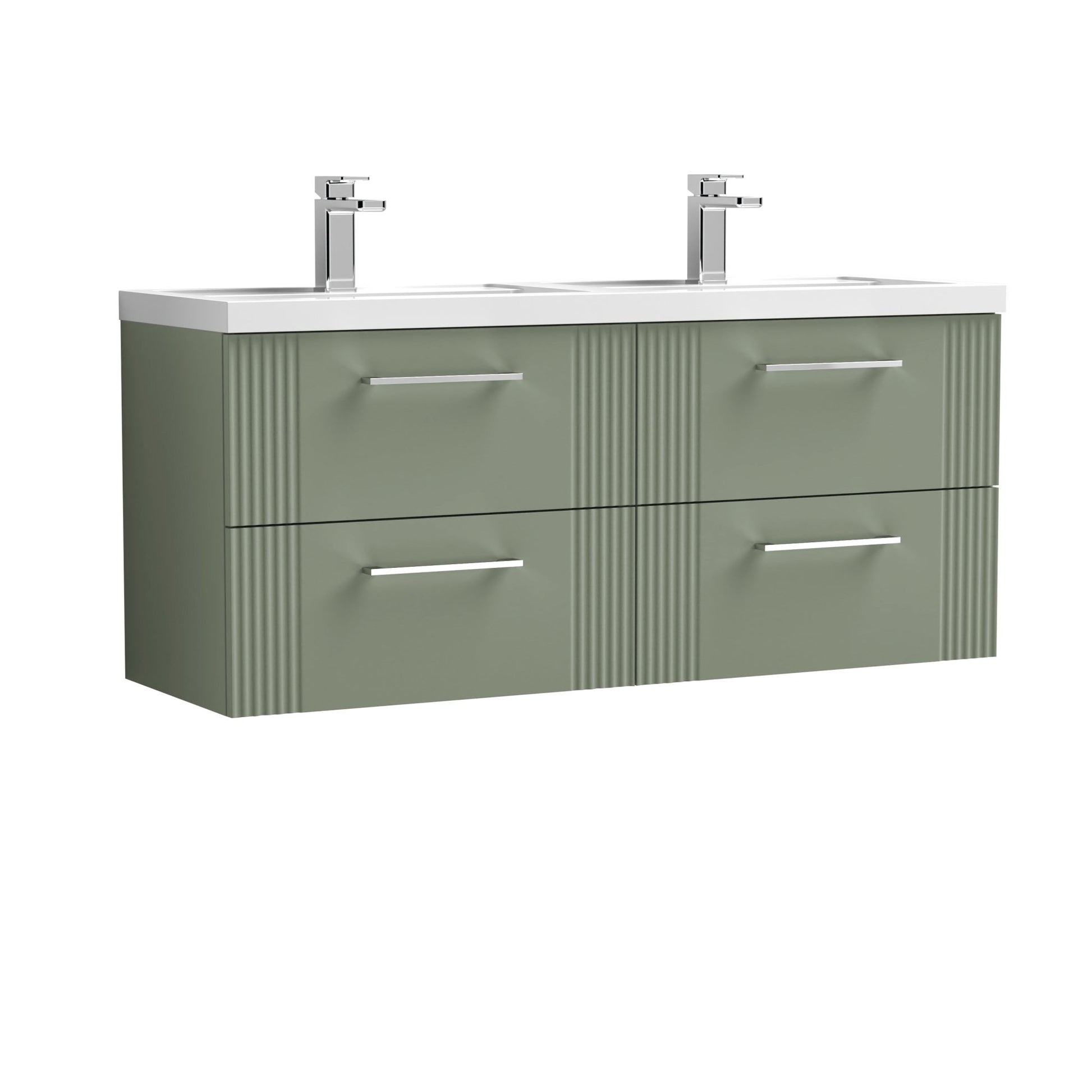 Nui Deco 1200mm Wall Hung 4 Drawer Vanity & Double Basin Contemporary Satin Green MFC Painted Gloss 540x1205x390mm - DPF893C - JJ Building Materials