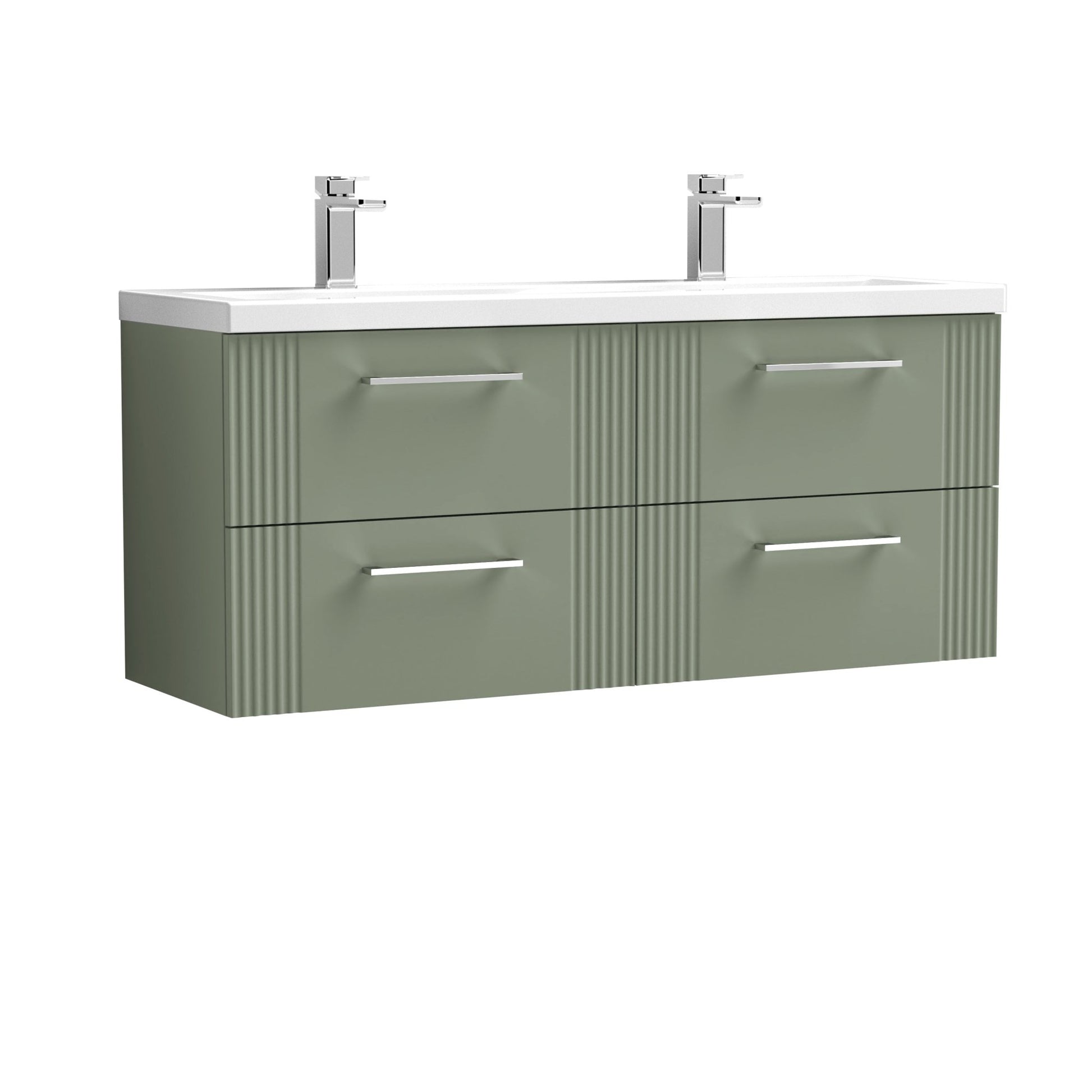 Nui Deco 1200mm Wall Hung 4 Drawer Vanity & Double Basin Contemporary Satin Green MFC Painted Gloss 540x1205x390mm - DPF893F - JJ Building Materials