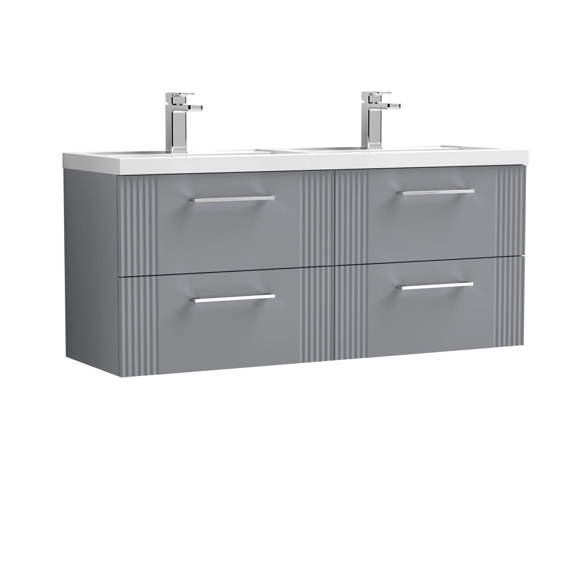 Nui Deco 1200mm Wall Hung 4 Drawer Vanity & Double Basin Contemporary Satin Grey MFC Painted Gloss 540x1205x390mm - DPF293C - JJ Building Materials