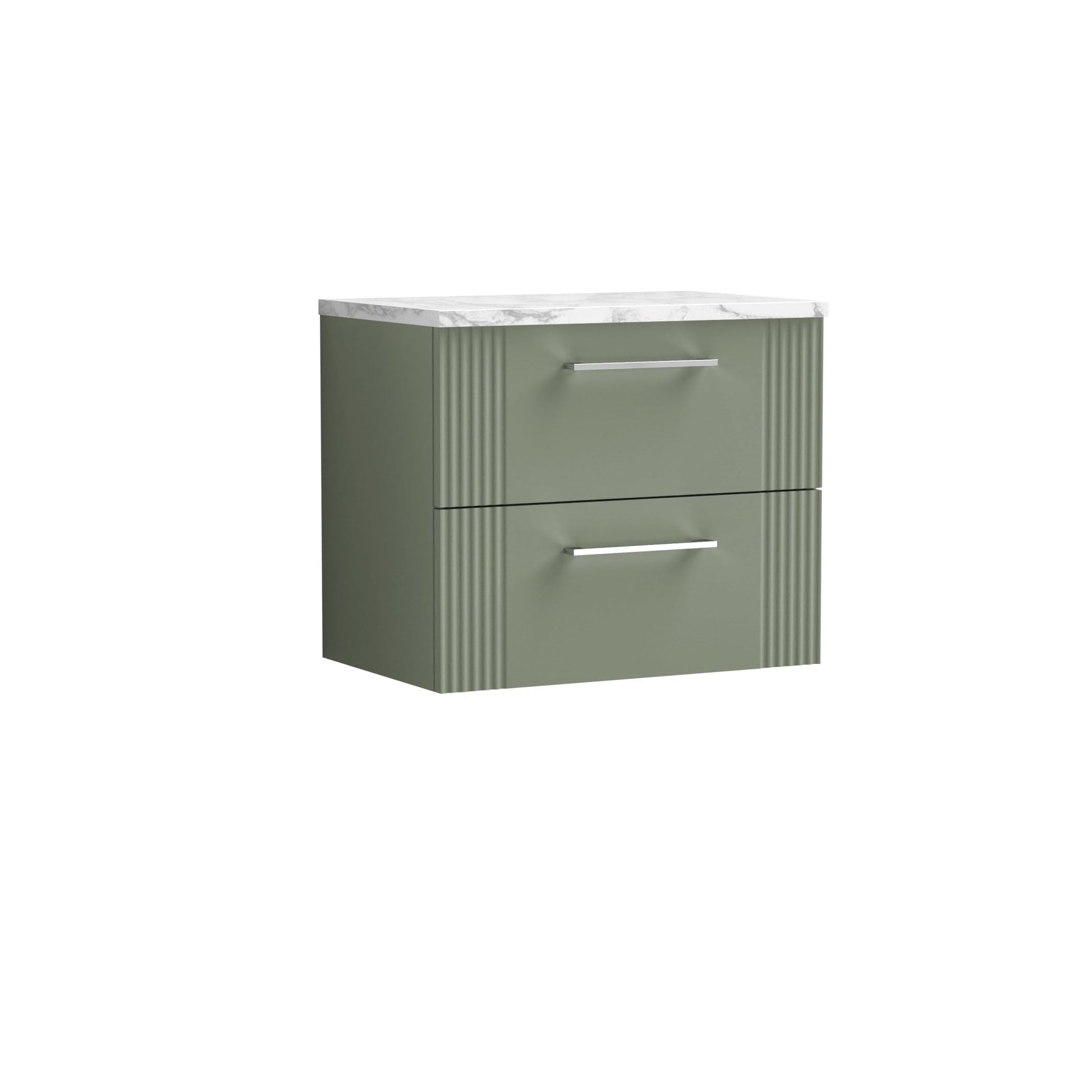 Nui Deco 600 Wall Hung 2 - drawer Vanity & Laminate Worktop Contemporary Satin Green MFC Painted Gloss 522x605x390mm - JJ Building Materials