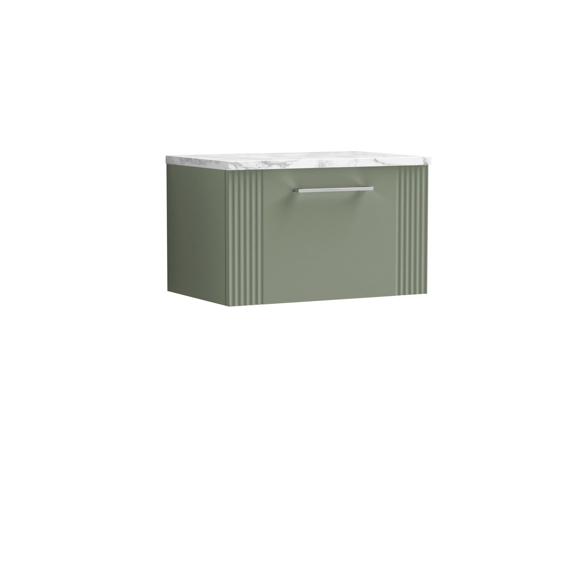 Nui Deco 600 Wall Hung Single Drawer Vanity & Laminate Worktop Contemporary Satin Green MFC Painted Gloss 381x605x390mm - JJ Building Materials
