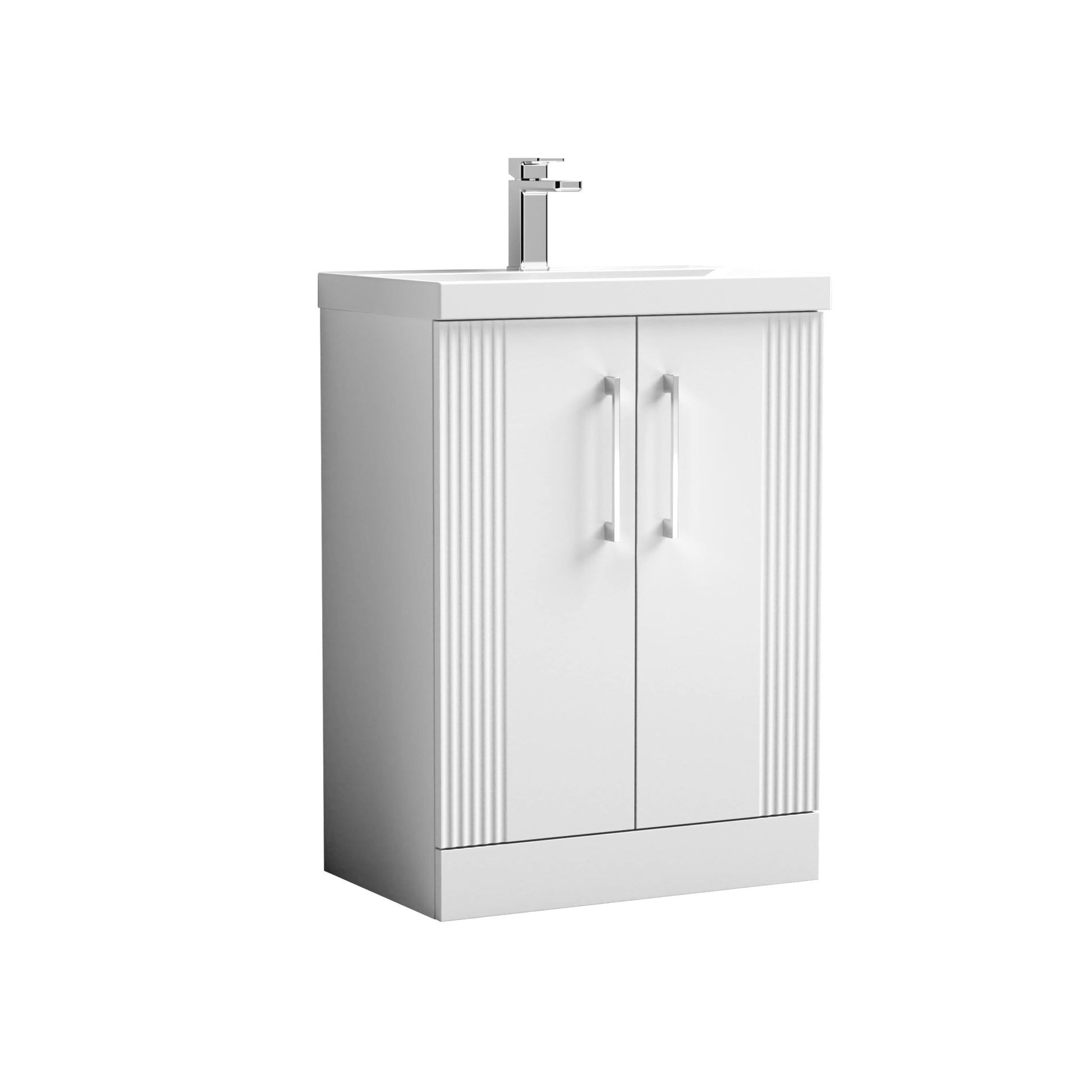 Nui Deco 600mm Floor Standing 2 Door Vanity & Basin 1 Contemporary Satin White MFC Painted Gloss 850x610x390mm - JJ Building Materials