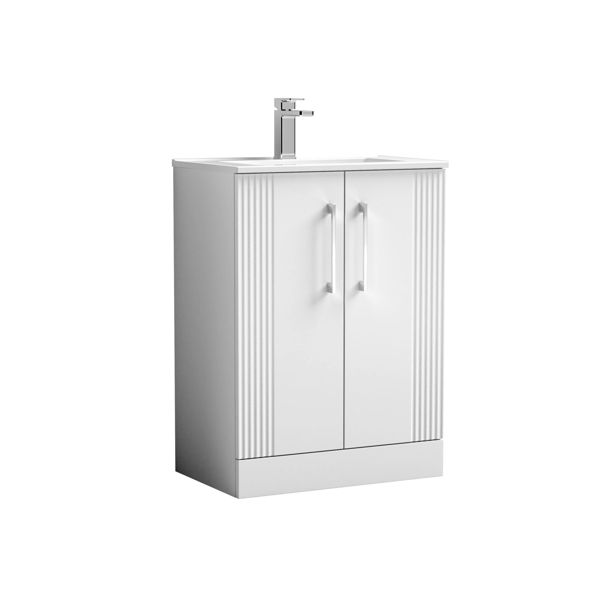Nui Deco 600mm Floor Standing 2 Door Vanity & Basin 2 Contemporary Satin White MFC Painted Gloss 828x605x395mm - JJ Building Materials
