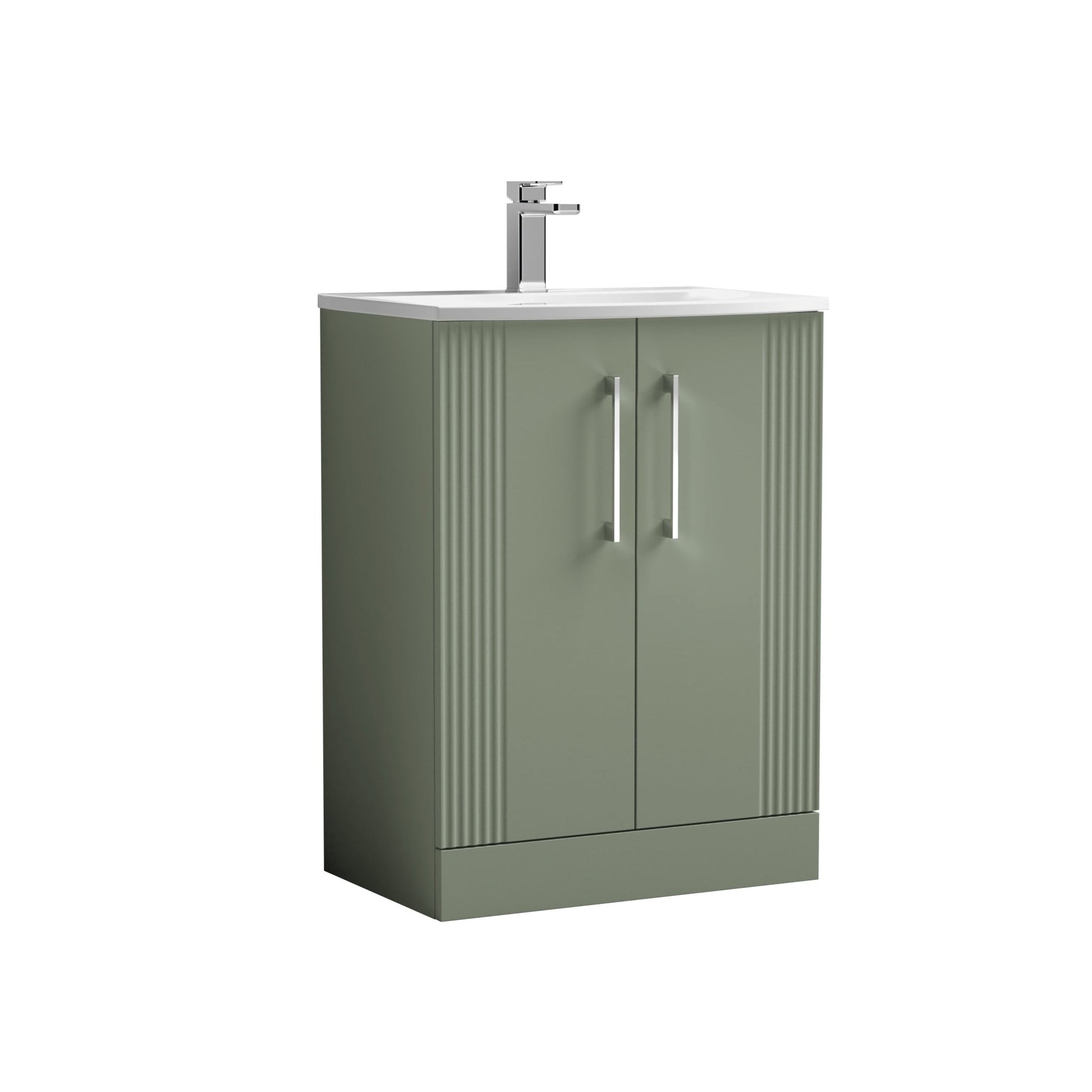 Nui Deco 600mm Floor Standing 2 Door Vanity & Basin 4 Contemporary Satin Green MFC Painted Gloss 840x610x440mm - JJ Building Materials