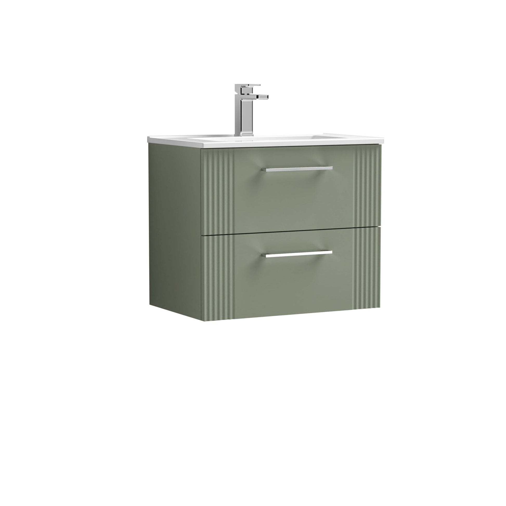 Nui Deco 600mm Wall Hung 2 Drawer Vanity & Basin 2 Contemporary Satin Green MFC Painted Gloss 518x605x395mm - JJ Building Materials