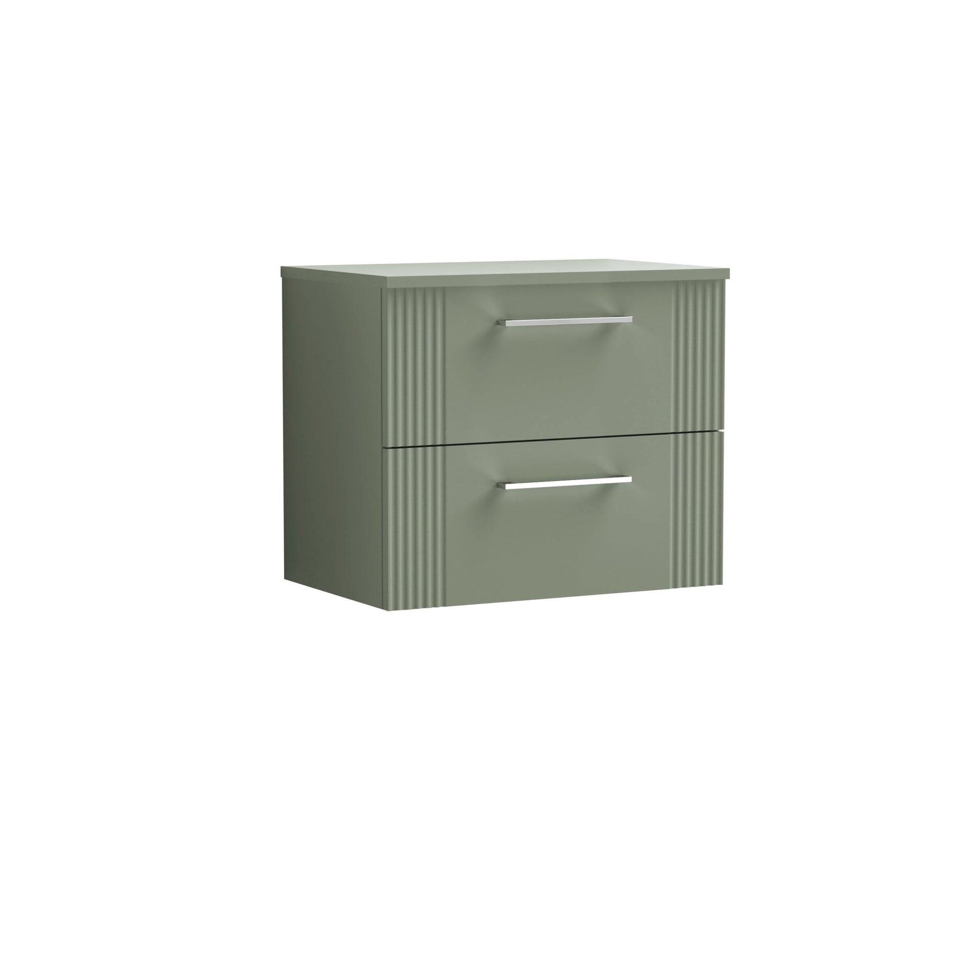 Nui Deco 600mm Wall Hung 2 Drawer Vanity & Worktop Contemporary Satin Green MFC Painted Gloss 518x605x390mm - JJ Building Materials
