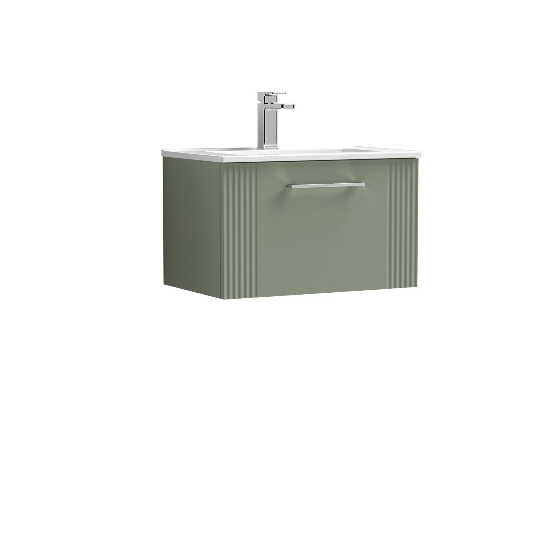 Nui Deco 600mm Wall Hung Single Drawer Vanity & Basin 2 Contemporary Satin Green MFC Painted Gloss 377x605x395mm - JJ Building Materials