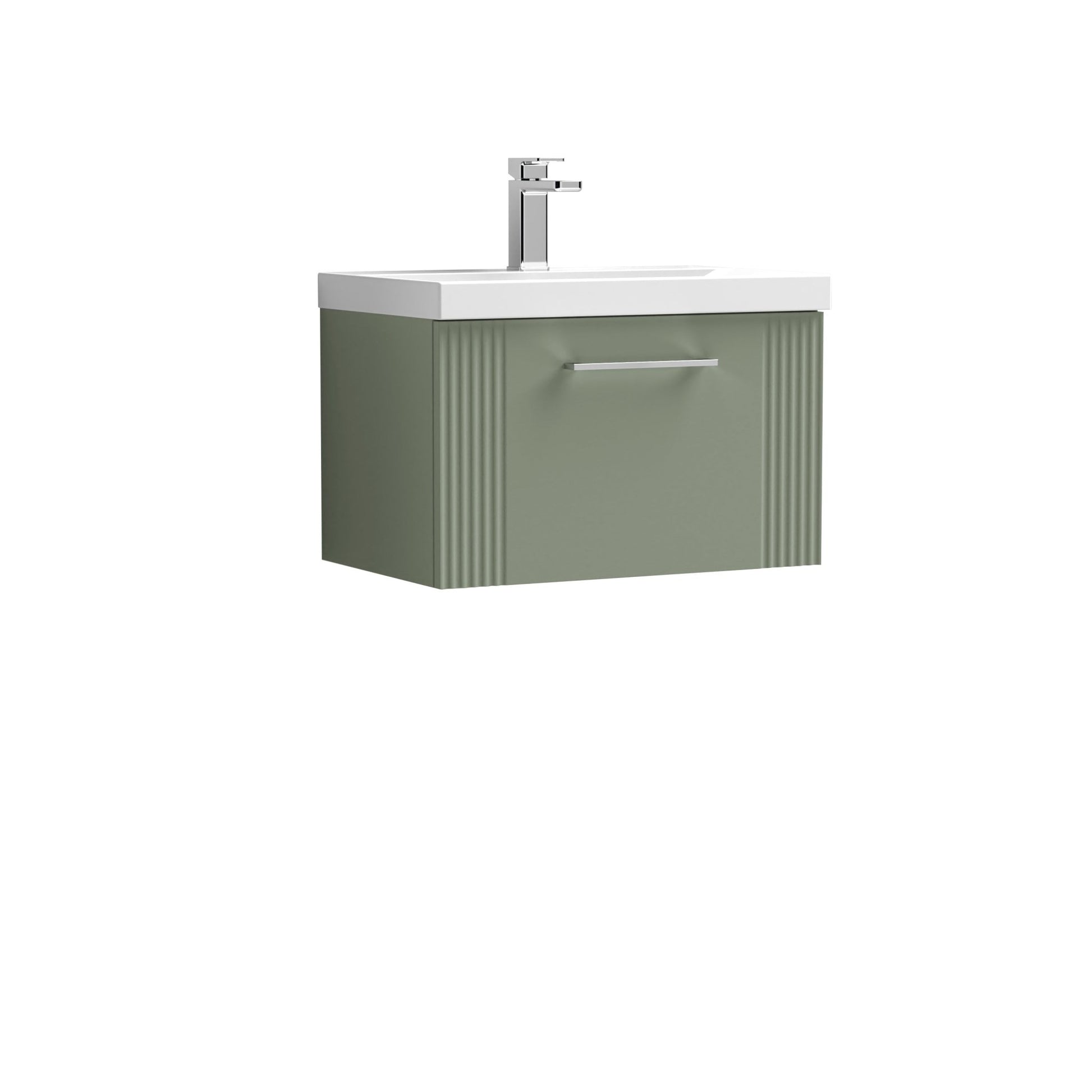 Nui Deco 600mm Wall Hung Single Drawer Vanity & Basin 3 Contemporary Satin Green MFC Painted Gloss 409x610x395mm - JJ Building Materials