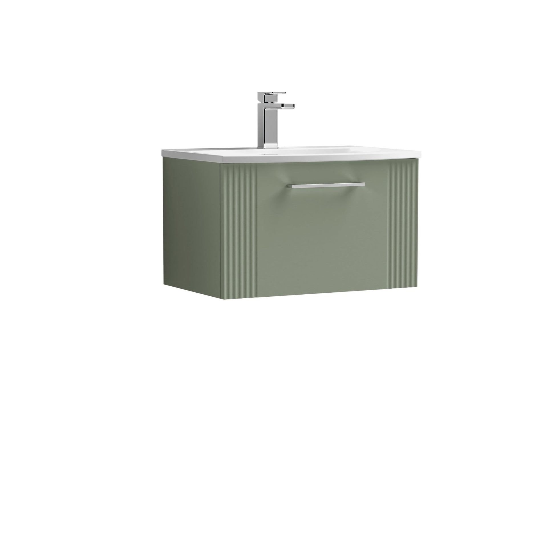 Nui Deco 600mm Wall Hung Single Drawer Vanity & Basin 4 Contemporary Satin Green MFC Painted Gloss 389x610x440mm - JJ Building Materials