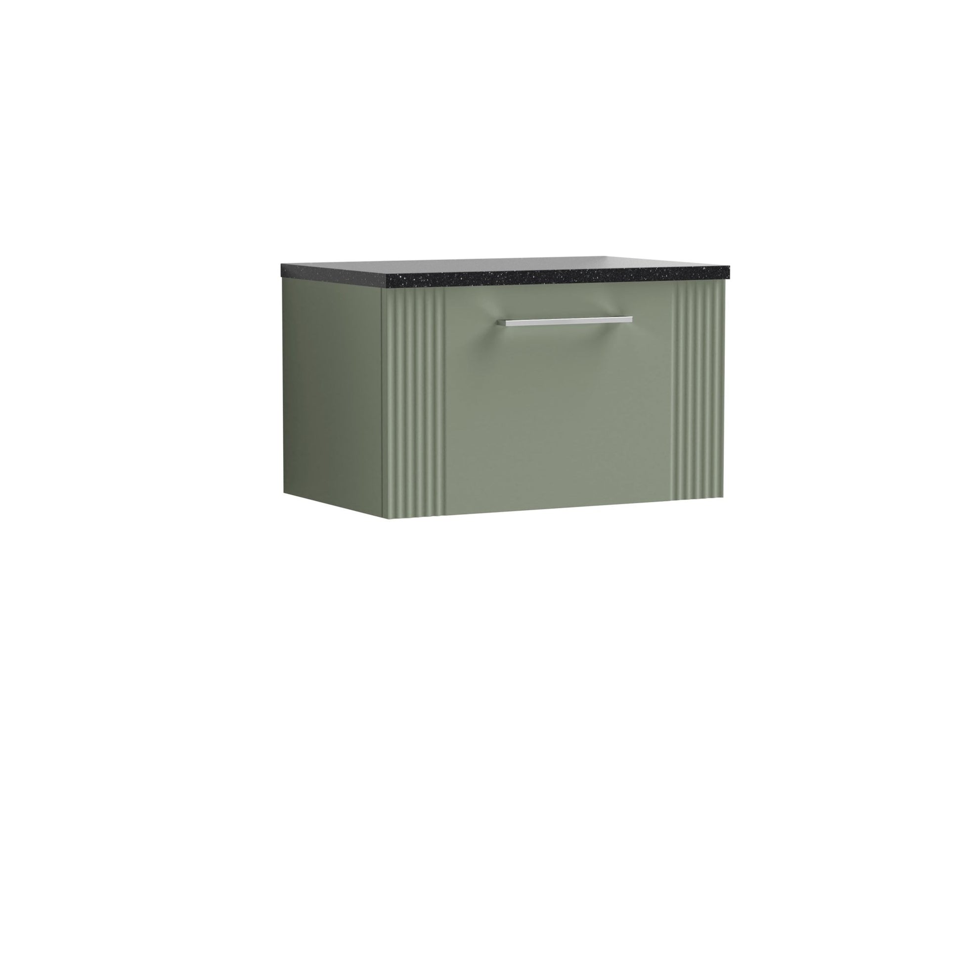 Nui Deco 600mm Wall Hung Single Drawer Vanity & Laminate Top Contemporary Satin Green MFC Painted Gloss 381x605x390mm - DPF894LSB - JJ Building Materials
