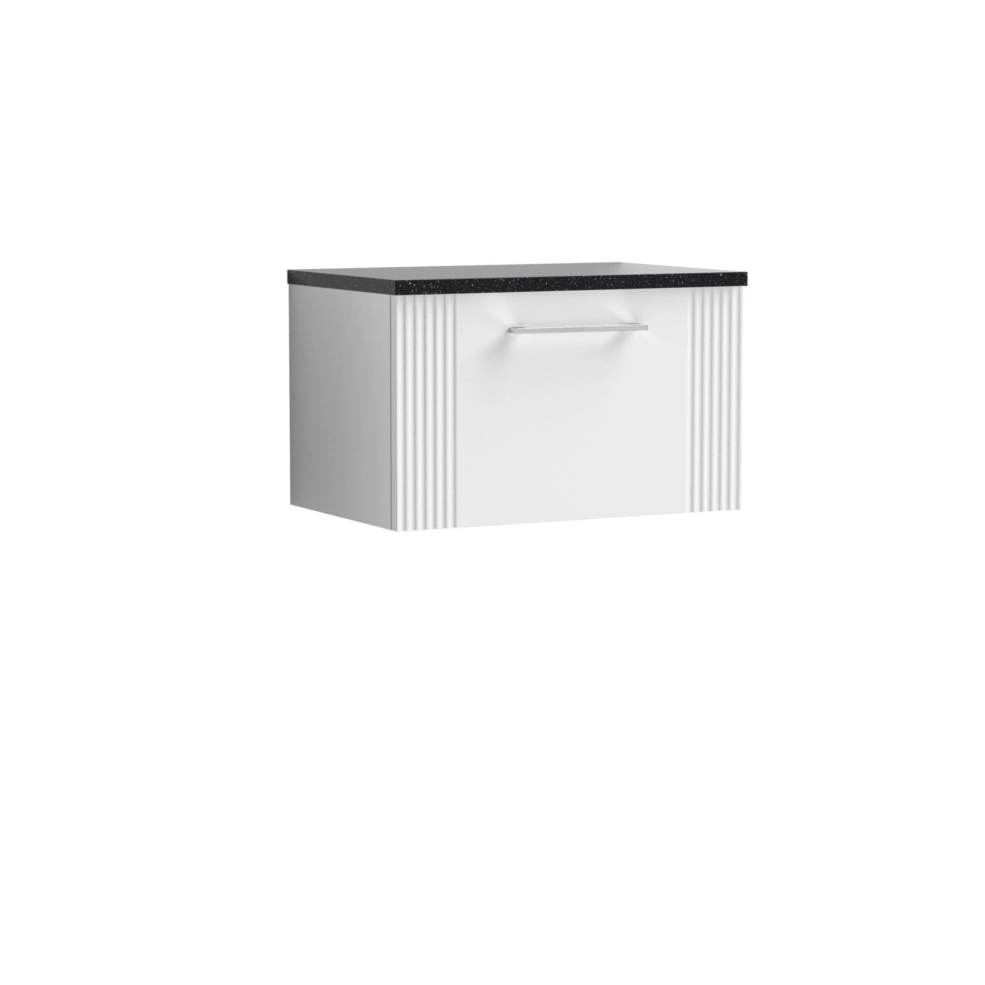 Nui Deco 600mm Wall Hung Single Drawer Vanity & Laminate Top Contemporary Satin White MFC Painted Gloss 381x605x390mm - DPF194LSB - JJ Building Materials