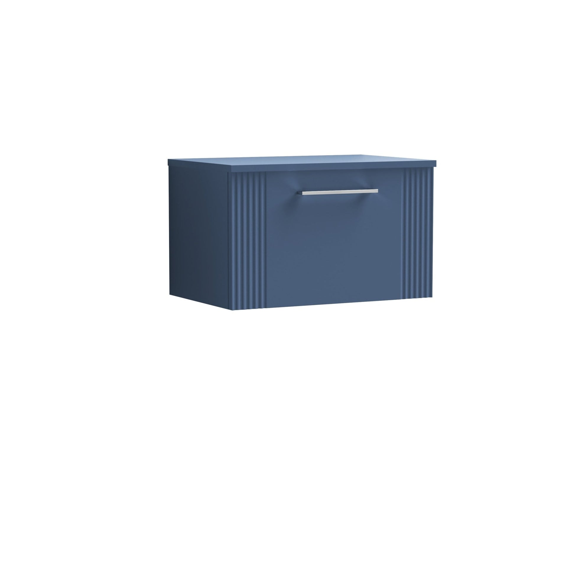 Nui Deco 600mm Wall Hung Single Drawer Vanity & Worktop Contemporary Satin Blue MFC Painted Gloss 377x605x390mm - JJ Building Materials