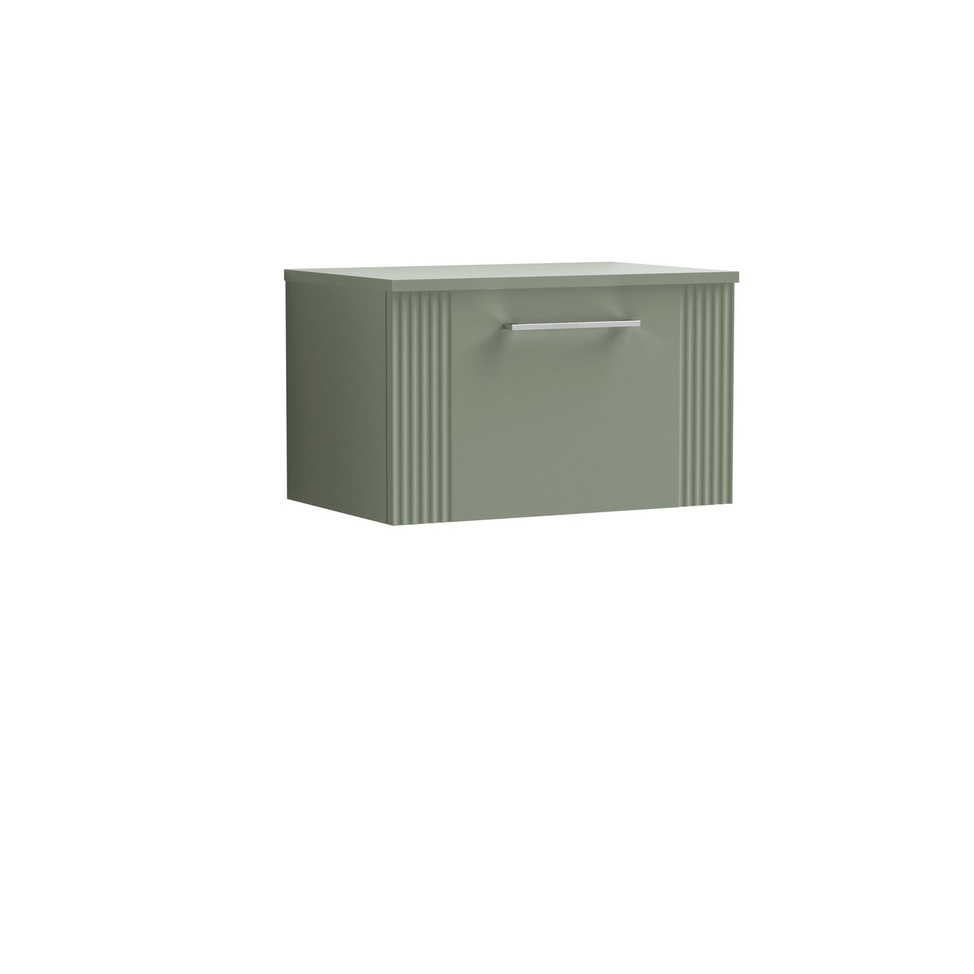 Nui Deco 600mm Wall Hung Single Drawer Vanity & Worktop Contemporary Satin Green MFC Painted Gloss 377x605x390mm - JJ Building Materials