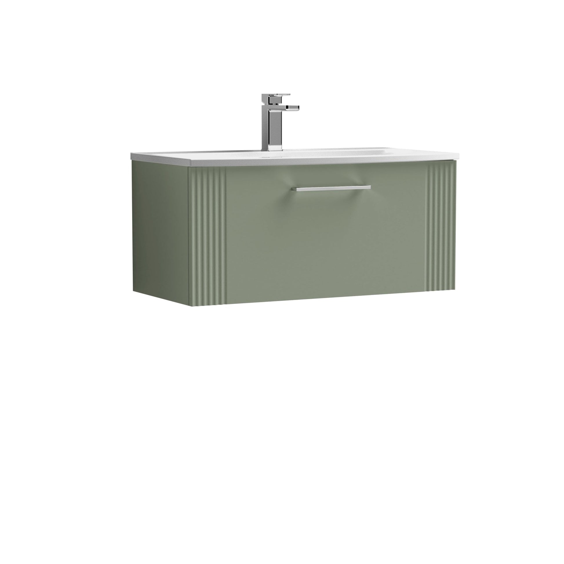 Nui Deco 800mm Wall Hung Single Drawer Vanity & Basin 4 Contemporary Satin Green MFC Painted Gloss 389x810x440mm - JJ Building Materials