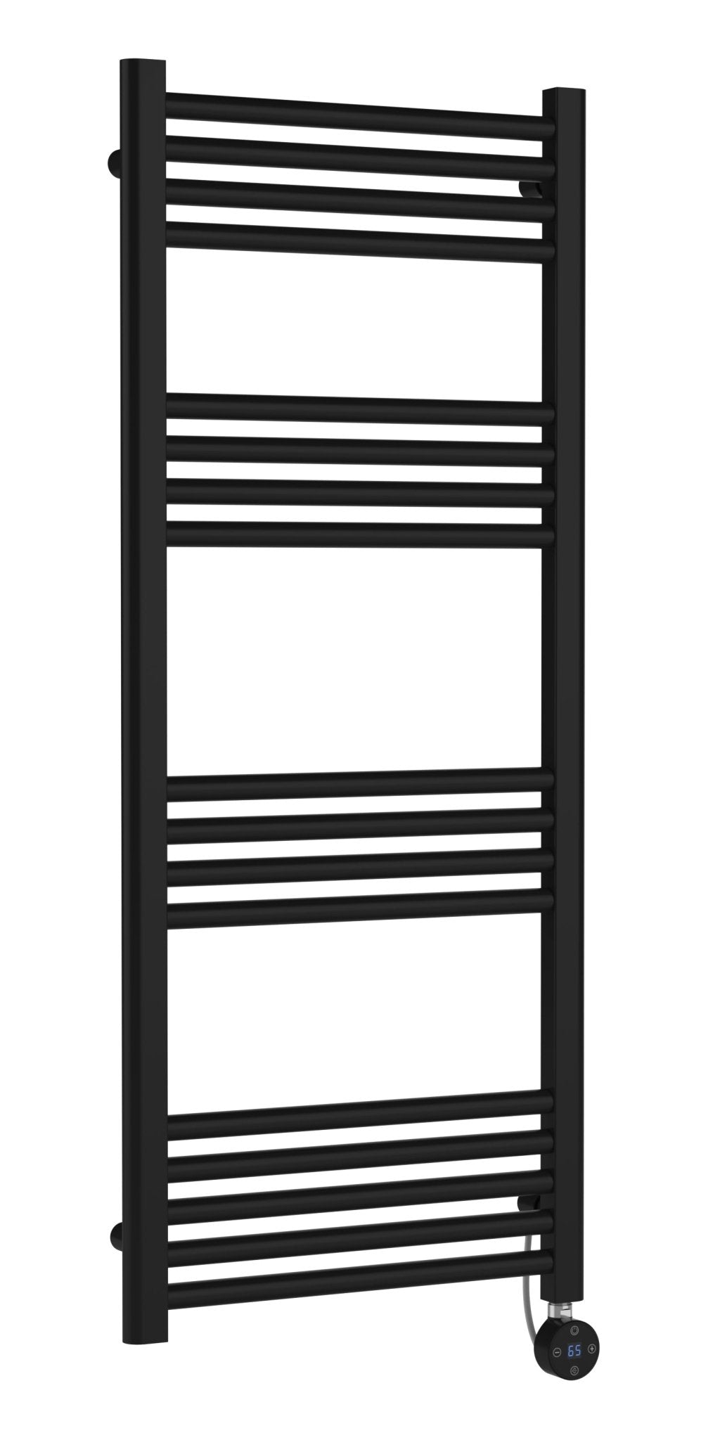 Nui Electric Bar Towel Rails Round Straight Towel Radiator 1200x500 Contemporary Matt Black Steel 1200x500x30mm - JJ Building Materials
