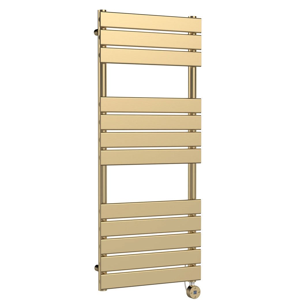 Nui Electric Flat Panel Towel Rails Square Flat Towel Radiator 1213x500 Contemporary Brushed Brass Steel 1213x500x30mm - JJ Building Materials
