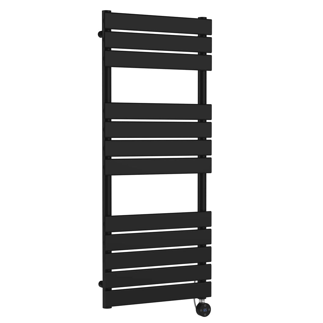Nui Electric Flat Panel Towel Rails Square Flat Towel Radiator 1213x500 Contemporary Matt Black Steel 1213x500x30mm - JJ Building Materials