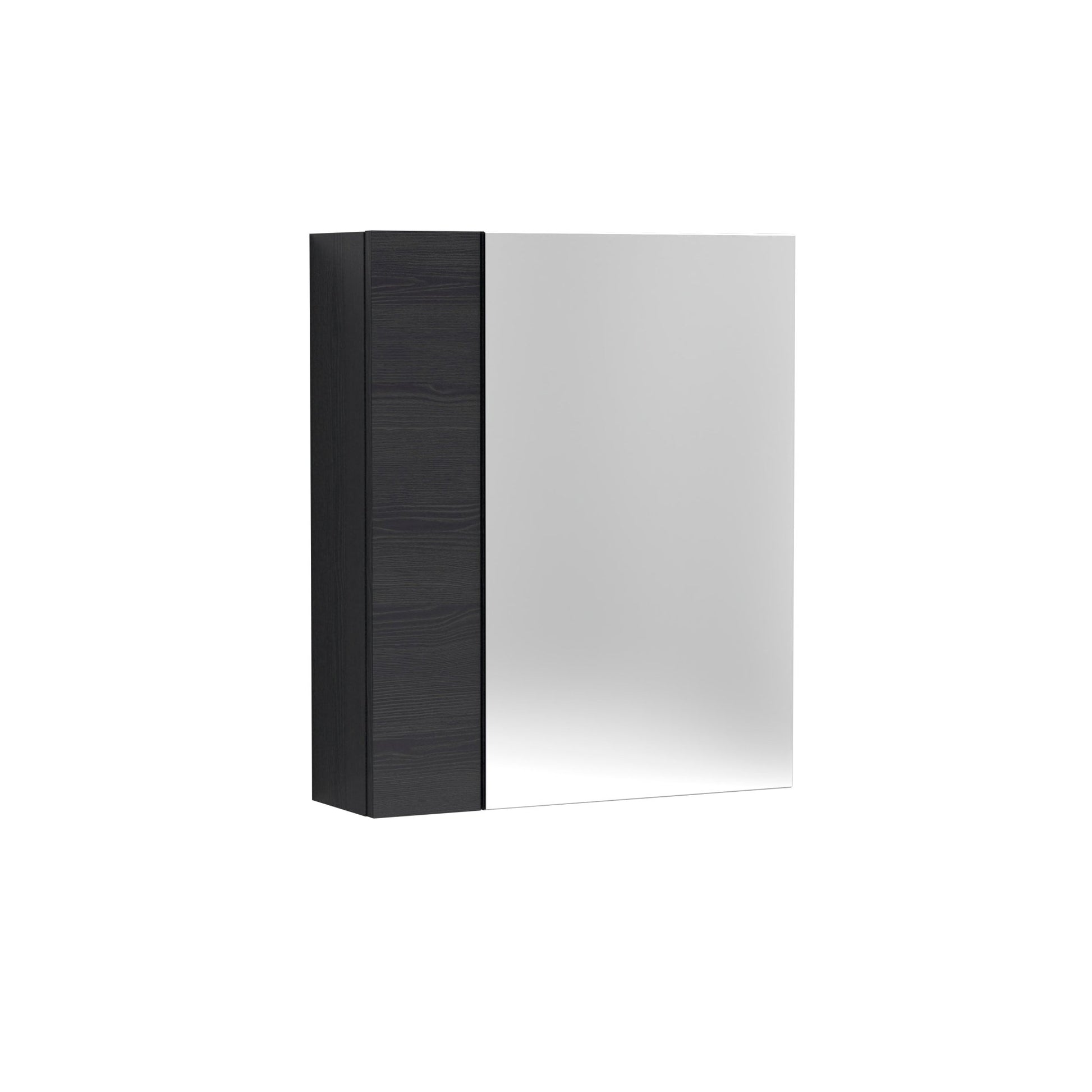 Nui Fusion 600mm Mirror Unit (75/25) Contemporary Charcoal Black MFC Textured Woodgrain 715x600x182mm - JJ Building Materials