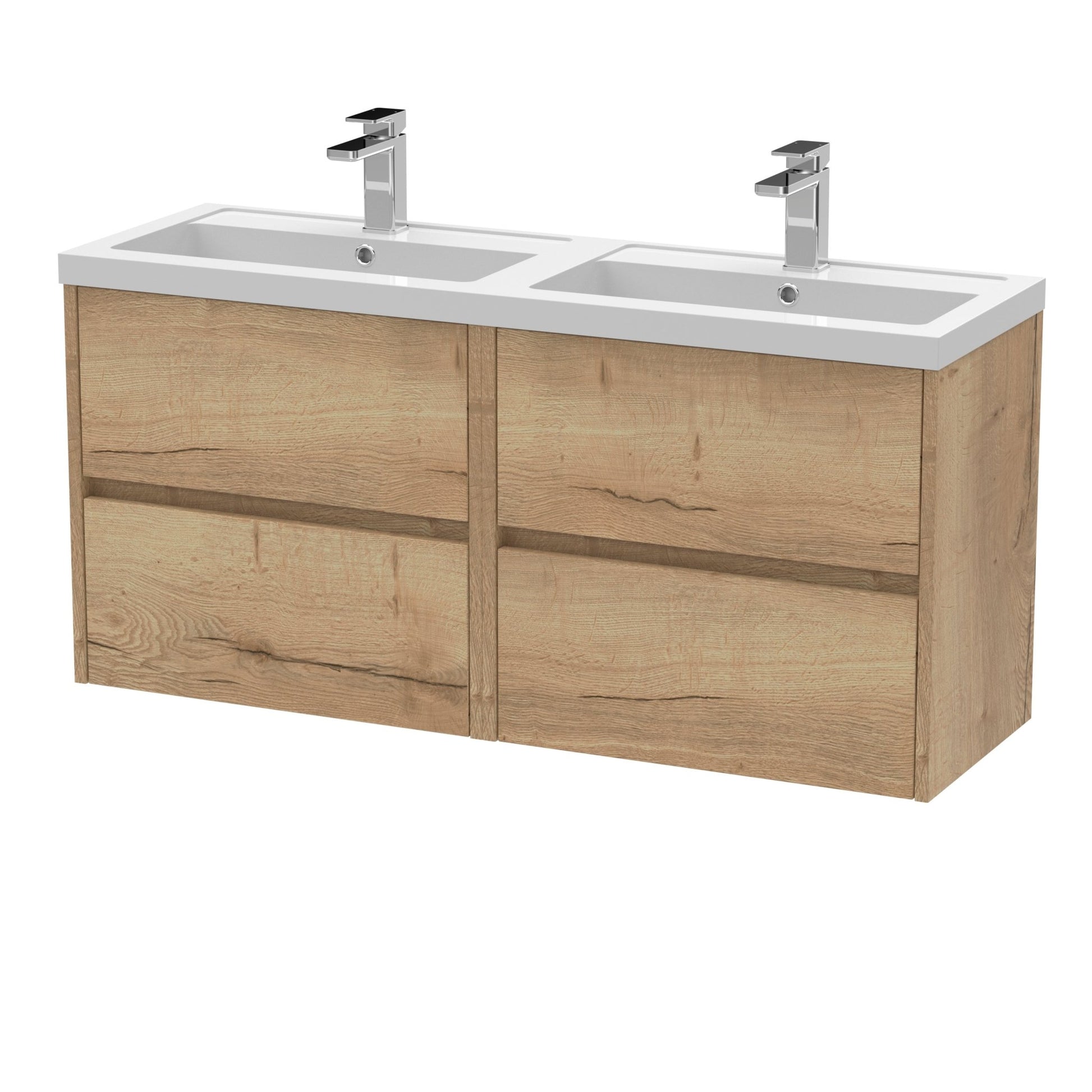 Nui Havana 1200mm Wall Hung 4 Drawer Unit & Double Basin Contemporary Autumn Oak MFC Textured Woodgrain 579x1205x385mm - HAV804C - JJ Building Materials