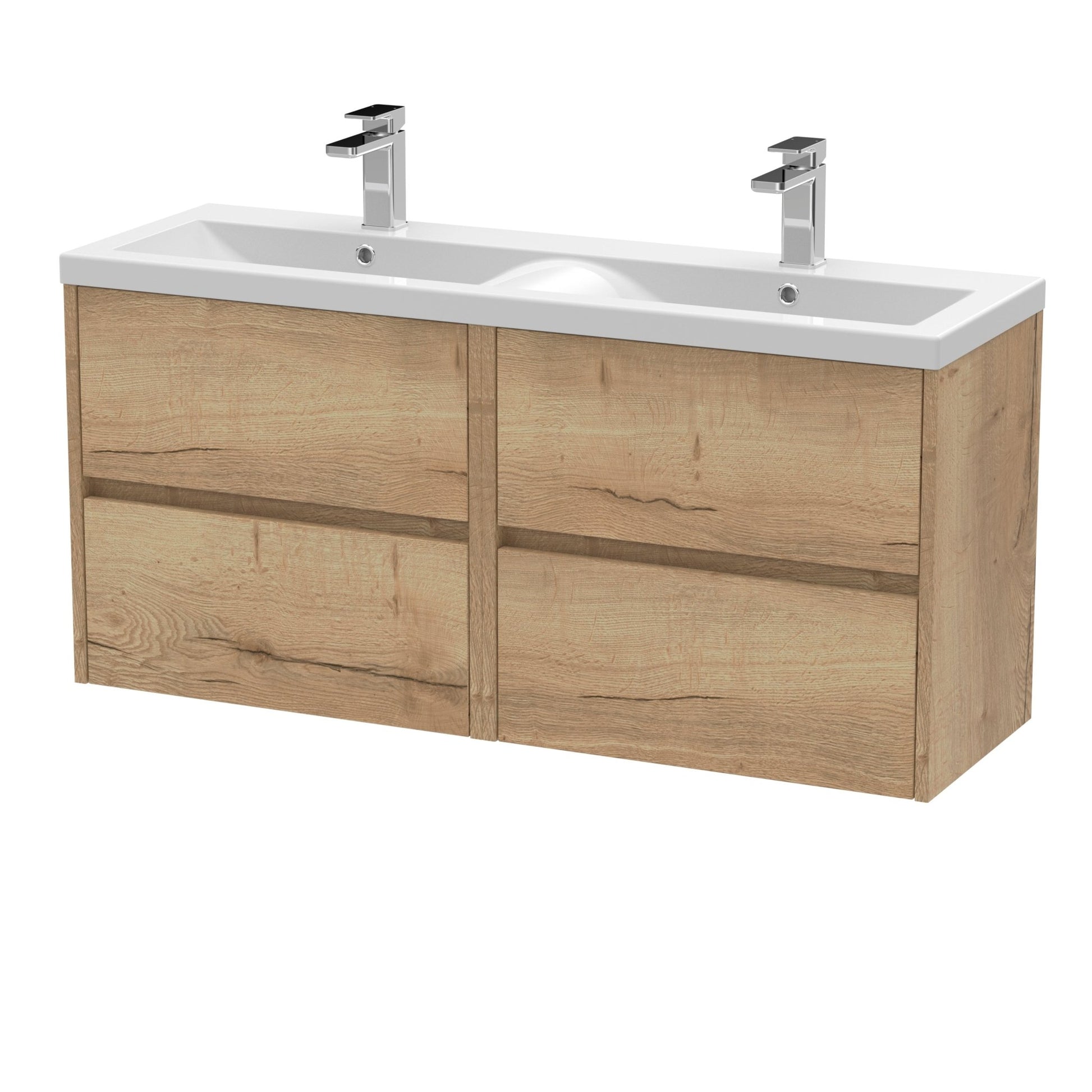 Nui Havana 1200mm Wall Hung 4 Drawer Unit & Double Basin Contemporary Autumn Oak MFC Textured Woodgrain 579x1205x385mm - HAV804F - JJ Building Materials