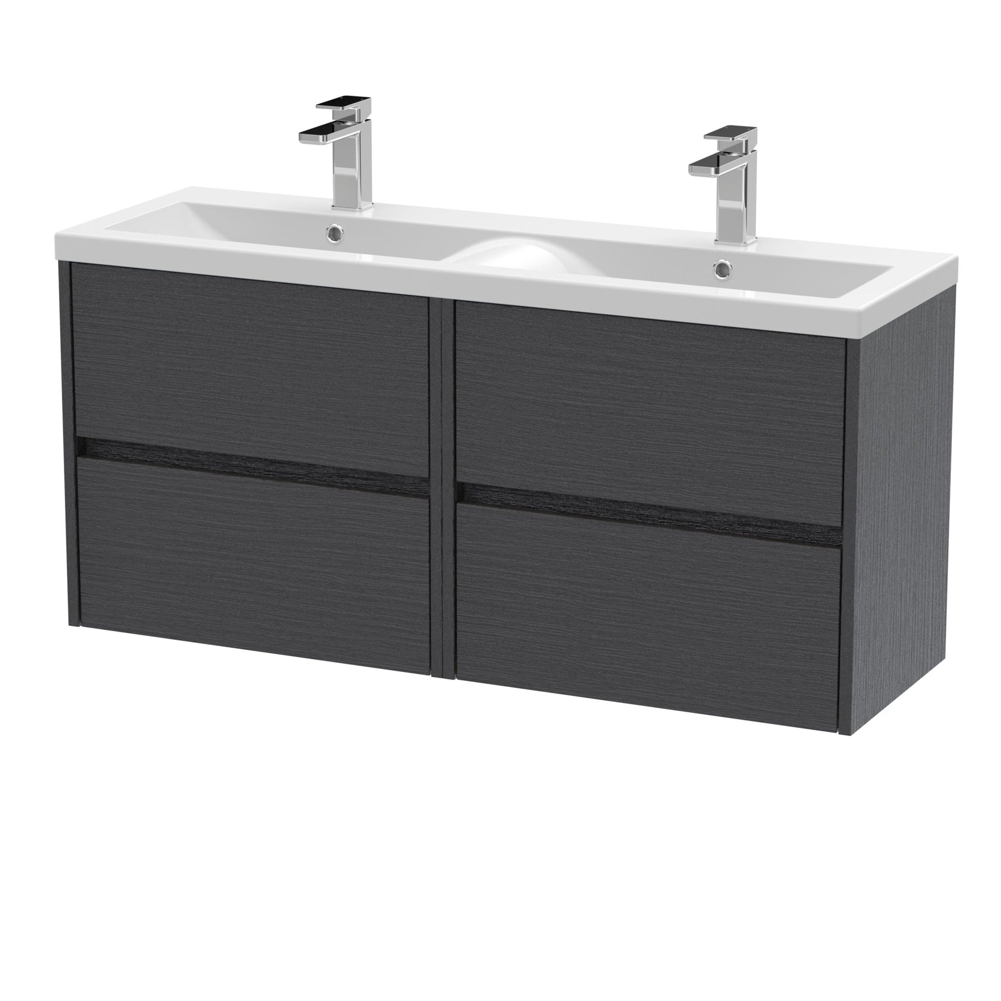 Nui Havana 1200mm Wall Hung 4 Drawer Unit & Double Basin Contemporary Graphite Grey Woodgrain MFC Textured Woodgrain 579x1205x385mm - HAV2204F - JJ Building Materials