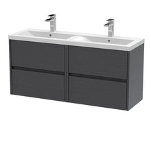 Nui Havana 1200mm Wall Hung 4 Drawer Unit & Double Basin Contemporary Graphite Grey Woodgrain MFC Textured Woodgrain 579x1205x385mm - HAV2204F - JJ Building Materials