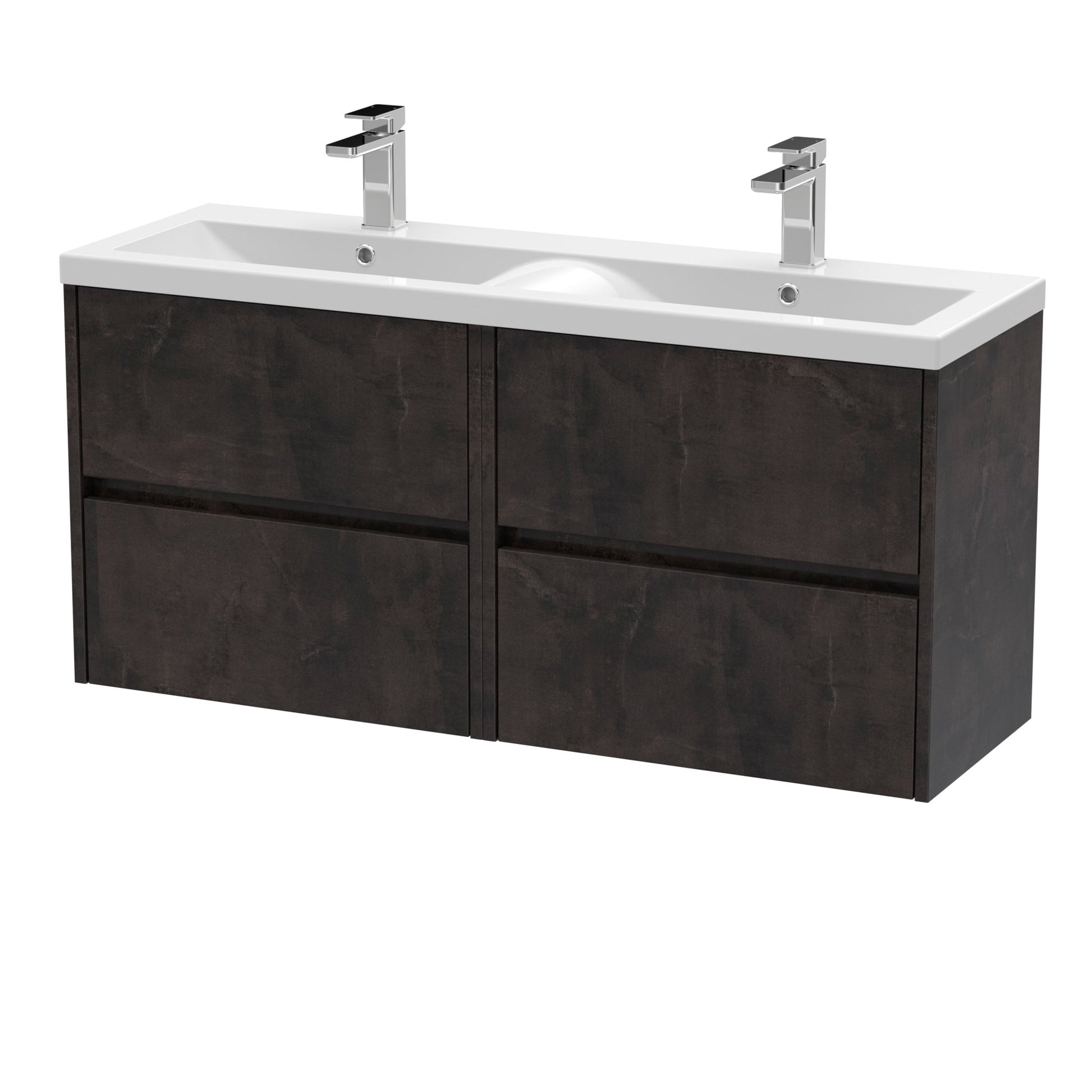 Nui Havana 1200mm Wall Hung 4 Drawer Unit & Double Basin Contemporary Metallic Slate MFC Textured Matt 579x1205x385mm - HAV2604F - JJ Building Materials