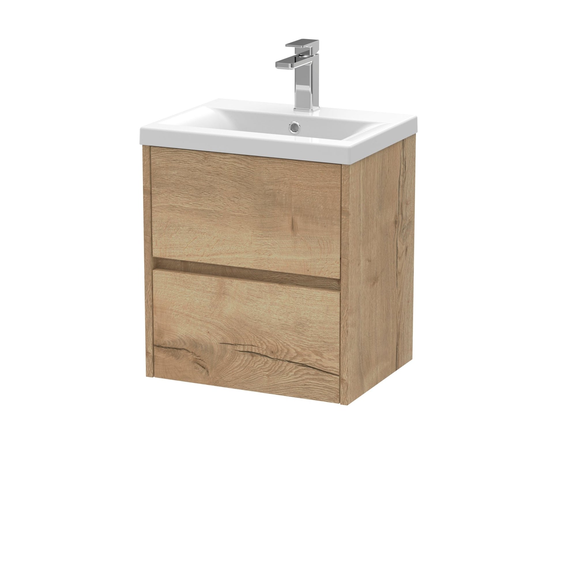 Nui Havana 500mm Wall Hung 2 Drawer Unit & Basin 1 Contemporary Autumn Oak MFC Textured Woodgrain 579x510x390mm - JJ Building Materials