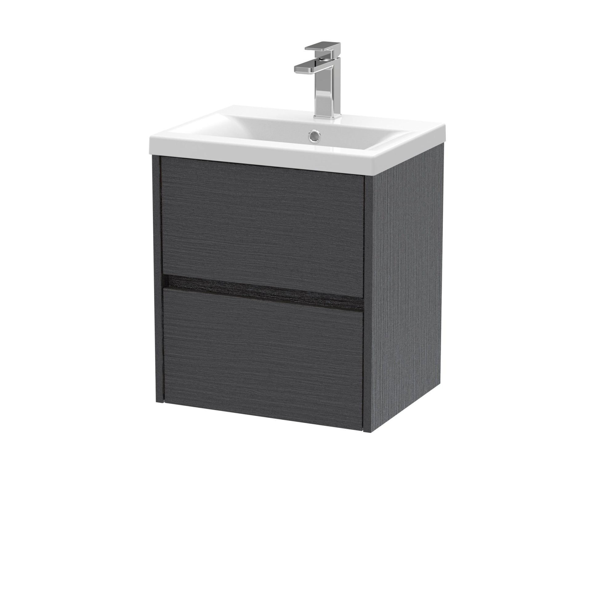 Nui Havana 500mm Wall Hung 2 Drawer Unit & Basin 1 Contemporary Graphite Grey Woodgrain MFC Textured Woodgrain 579x510x390mm - JJ Building Materials