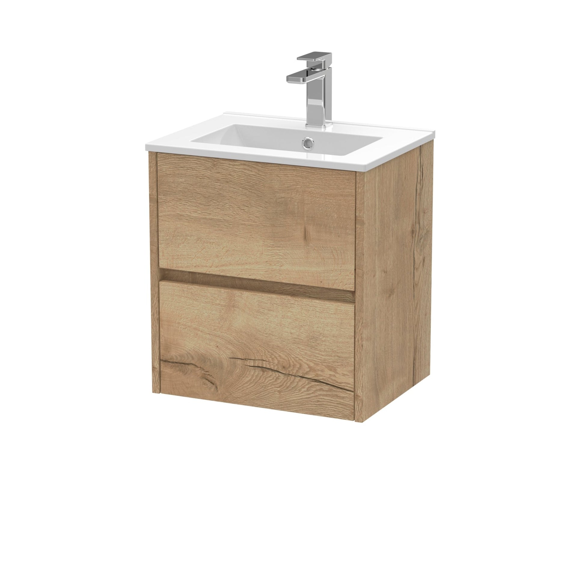Nui Havana 500mm Wall Hung 2 Drawer Unit & Basin 2 Contemporary Autumn Oak MFC Textured Woodgrain 557x500x390mm - JJ Building Materials