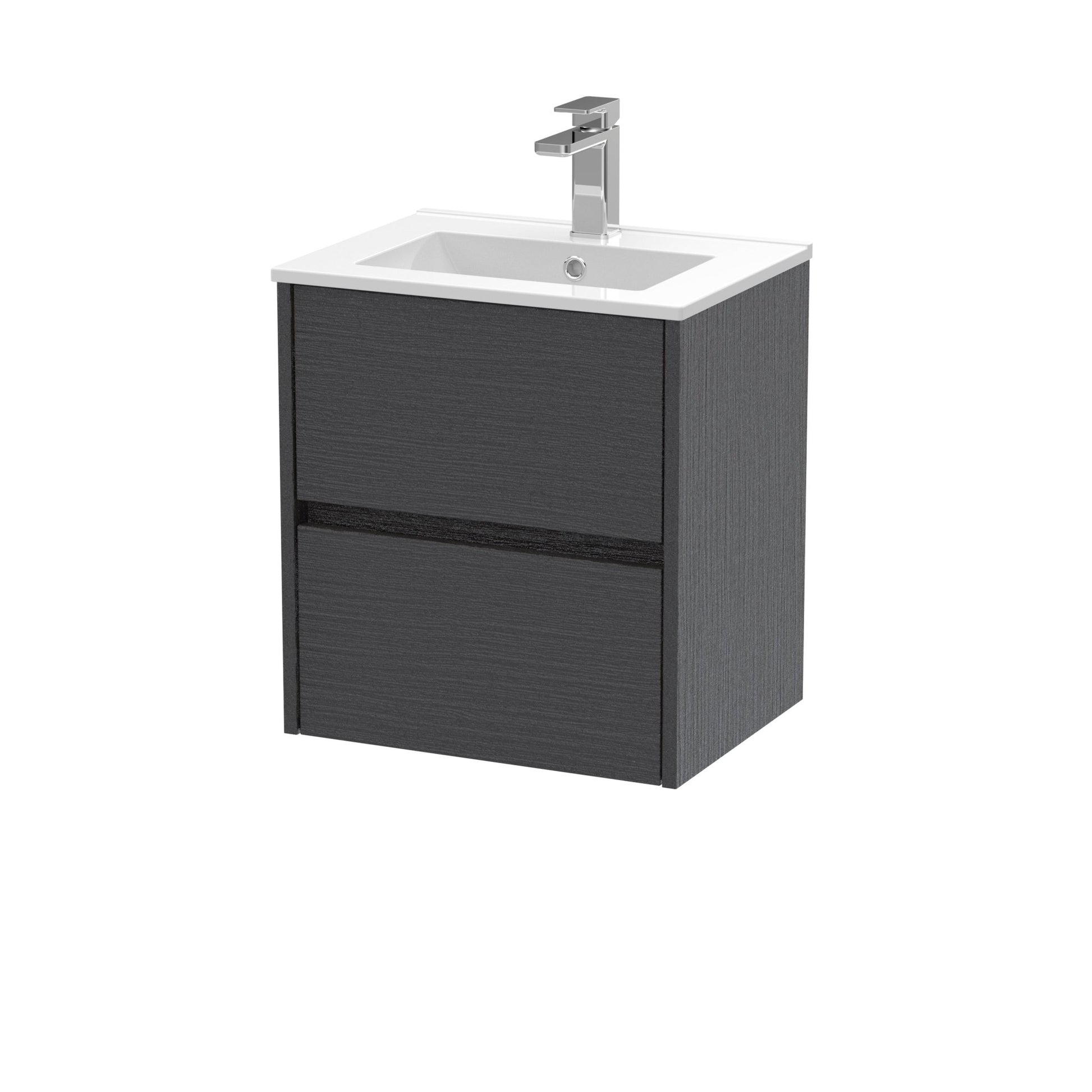 Nui Havana 500mm Wall Hung 2 Drawer Unit & Basin 2 Contemporary Graphite Grey Woodgrain MFC Textured Woodgrain 557x500x390mm - JJ Building Materials