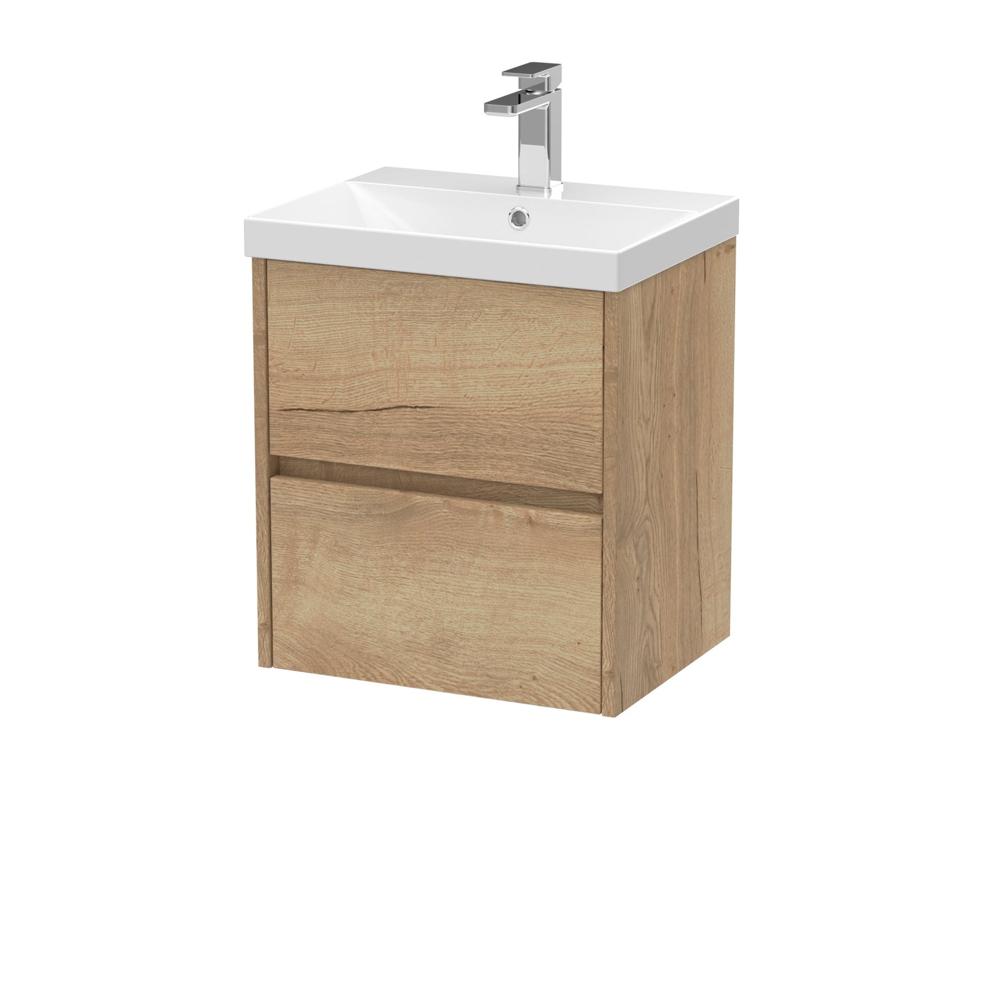 Nui Havana 500mm Wall Hung 2 Drawer Unit & Basin 3 Contemporary Autumn Oak MFC Textured Woodgrain 589x510x395mm - JJ Building Materials