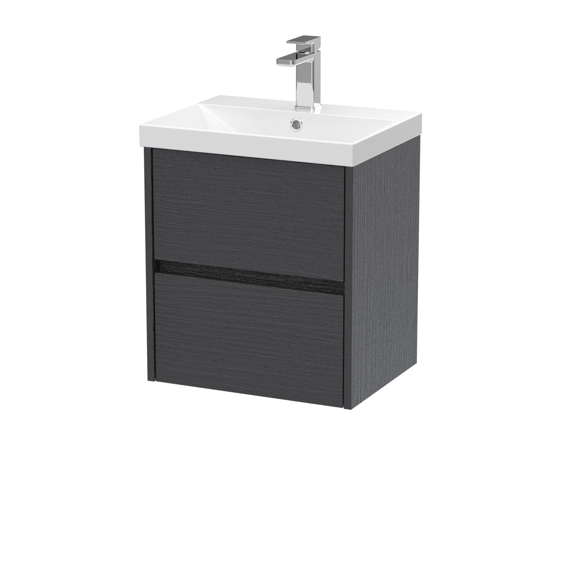 Nui Havana 500mm Wall Hung 2 Drawer Unit & Basin 3 Contemporary Graphite Grey Woodgrain MFC Textured Woodgrain 589x510x395mm - JJ Building Materials