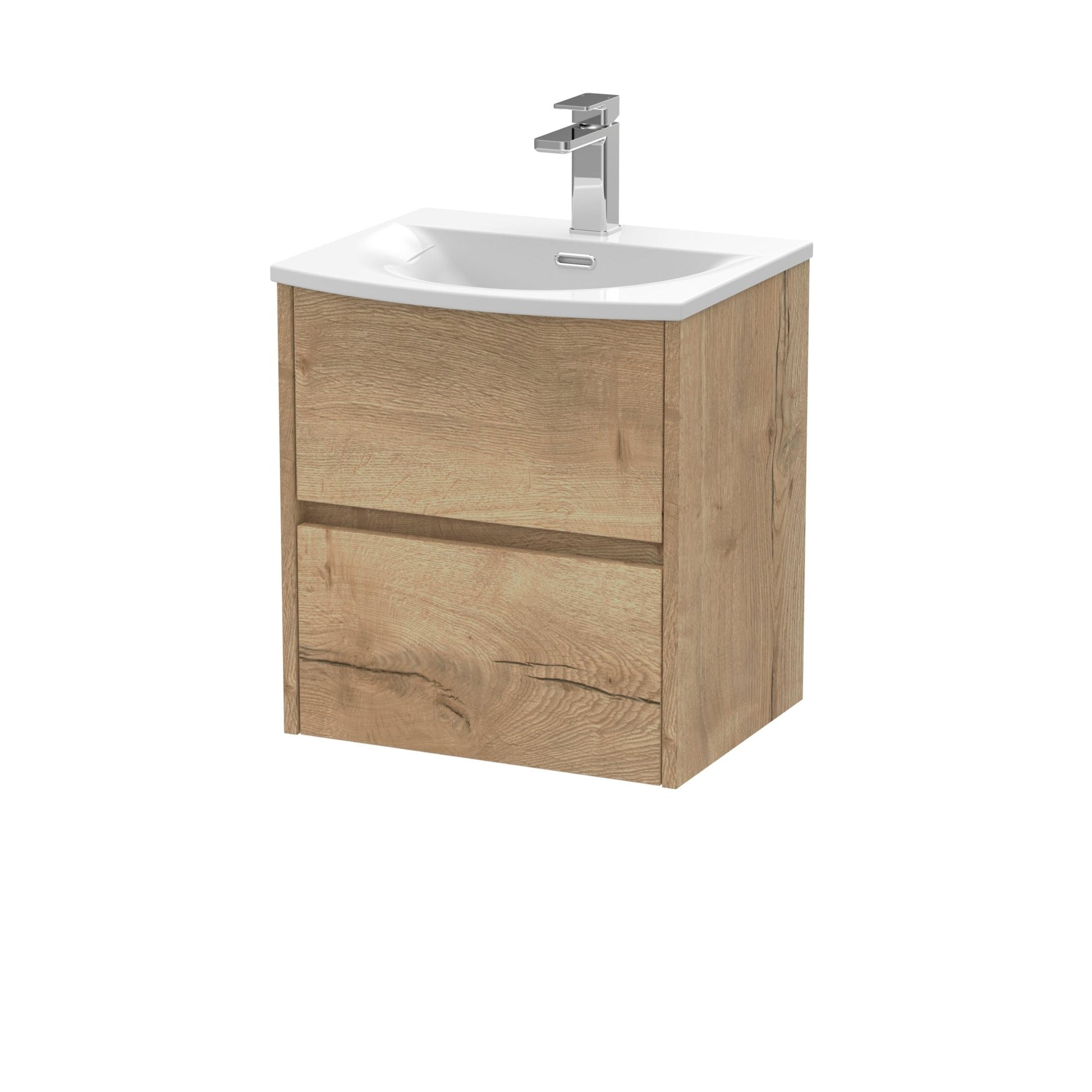 Nui Havana 500mm Wall Hung 2 Drawer Unit & Basin 4 Contemporary Autumn Oak MFC Textured Woodgrain 564x510x440mm - JJ Building Materials