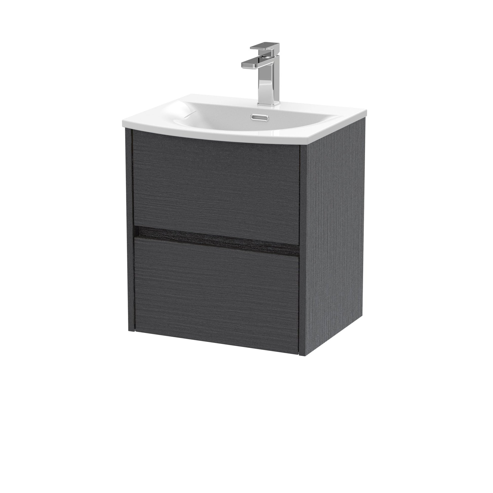 Nui Havana 500mm Wall Hung 2 Drawer Unit & Basin 4 Contemporary Graphite Grey Woodgrain MFC Textured Woodgrain 564x510x440mm - JJ Building Materials