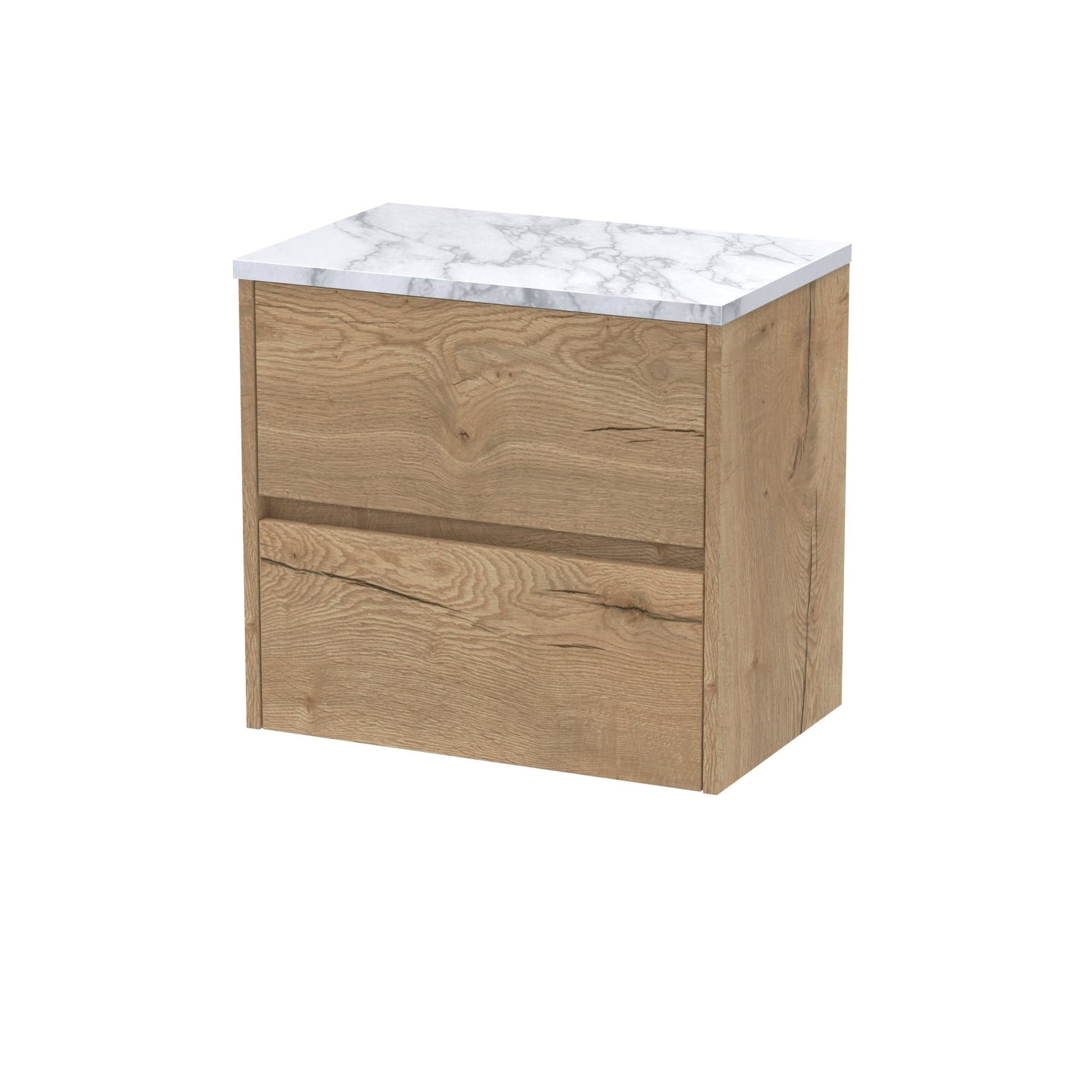 Nui Havana 600 Wall Hung 2 - drawer Unit & Laminate Worktop Contemporary Autumn Oak MFC Textured Woodgrain 561x605x390mm - JJ Building Materials
