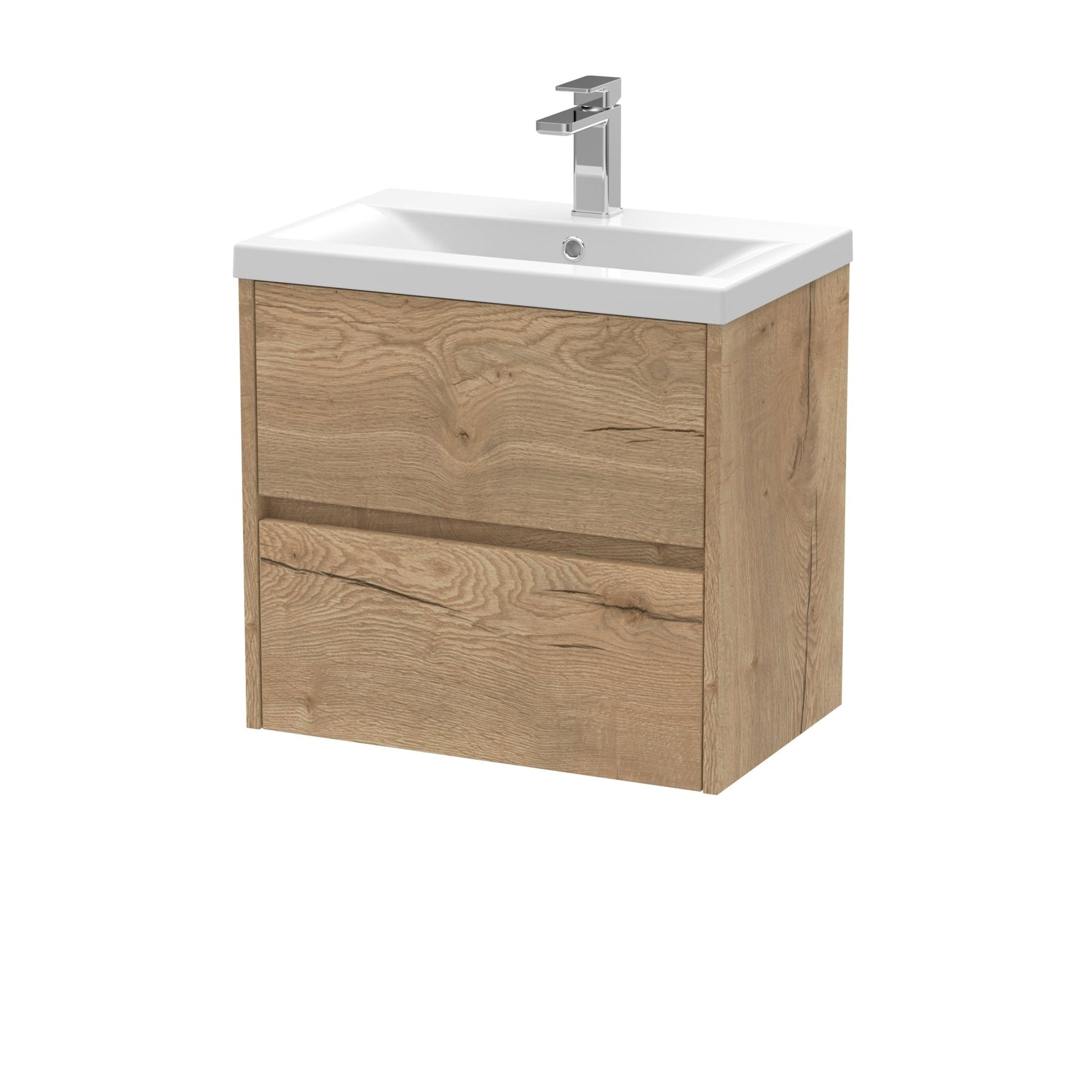Nui Havana 600mm Wall Hung 2 Drawer Unit & Basin 1 Contemporary Autumn Oak MFC Textured Woodgrain 579x610x390mm - JJ Building Materials