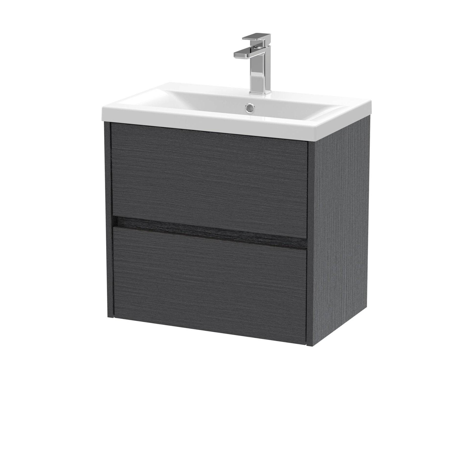 Nui Havana 600mm Wall Hung 2 Drawer Unit & Basin 1 Contemporary Graphite Grey Woodgrain MFC Textured Woodgrain 579x610x390mm - JJ Building Materials