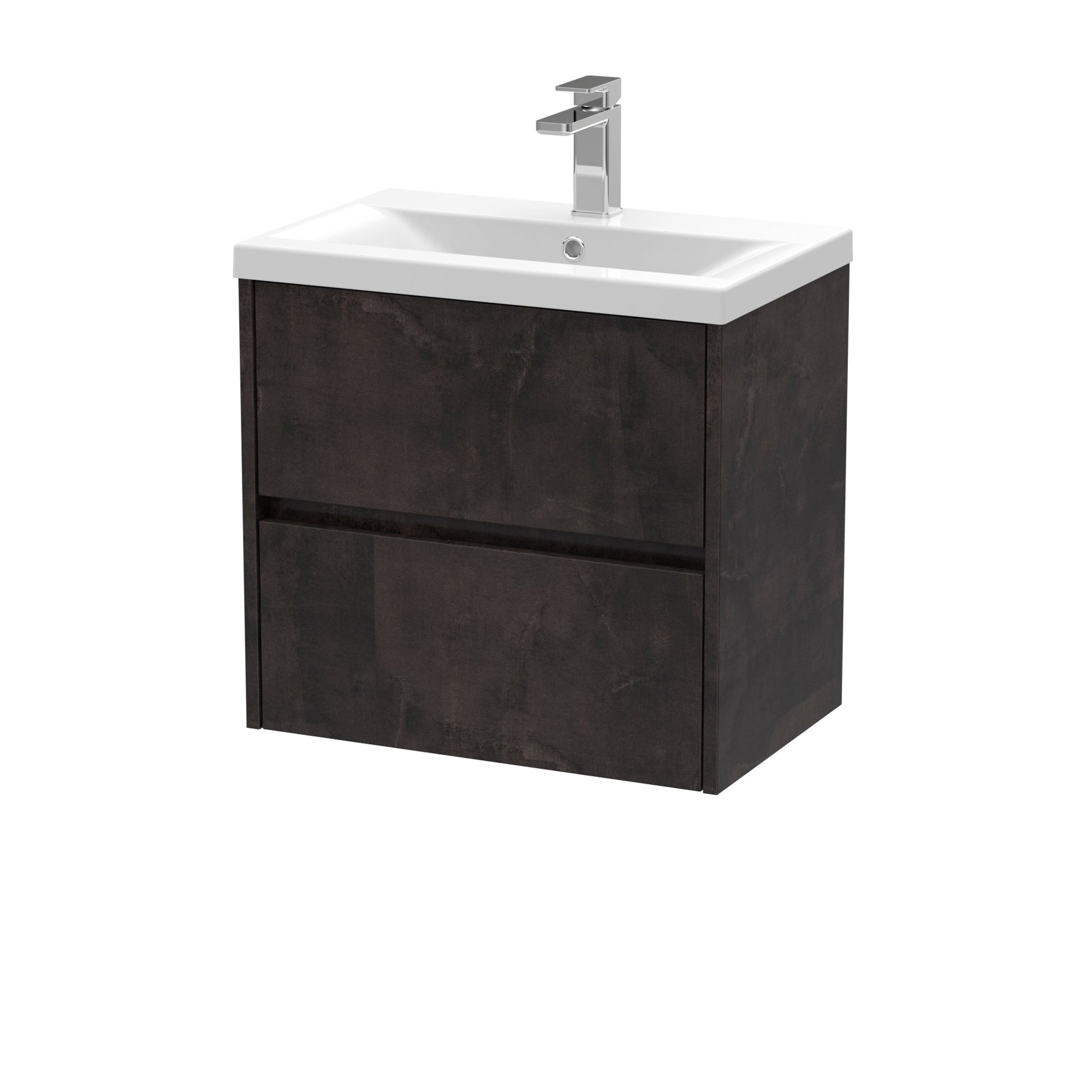 Nui Havana 600mm Wall Hung 2 Drawer Unit & Basin 1 Contemporary Metallic Slate MFC Textured Matt 579x610x390mm - JJ Building Materials