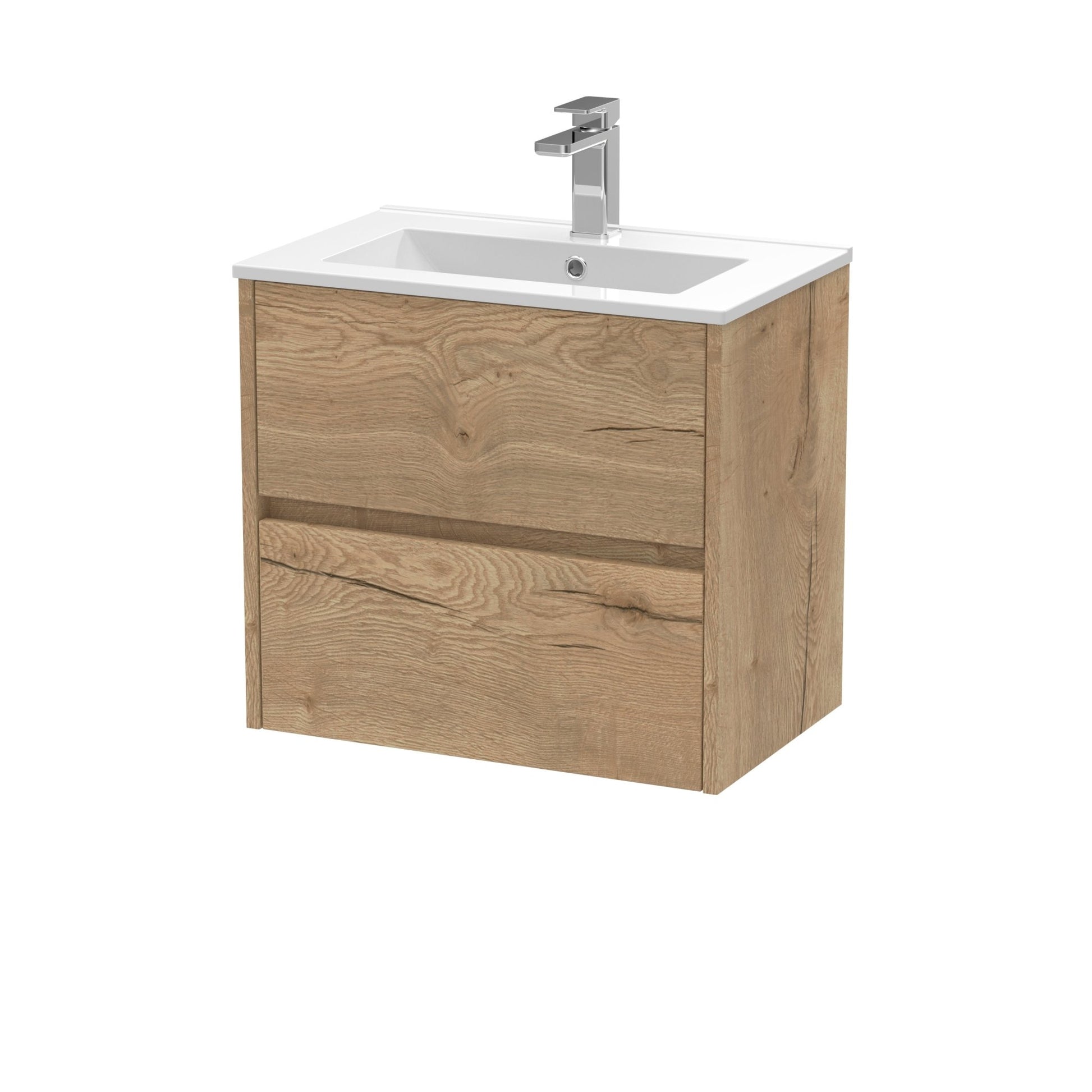 Nui Havana 600mm Wall Hung 2 Drawer Unit & Basin 2 Contemporary Autumn Oak MFC Textured Woodgrain 557x800x390mm - JJ Building Materials