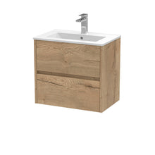 Nui Havana 600mm Wall Hung 2 Drawer Unit & Basin 2 Contemporary Autumn Oak MFC Textured Woodgrain 557x800x390mm - JJ Building Materials