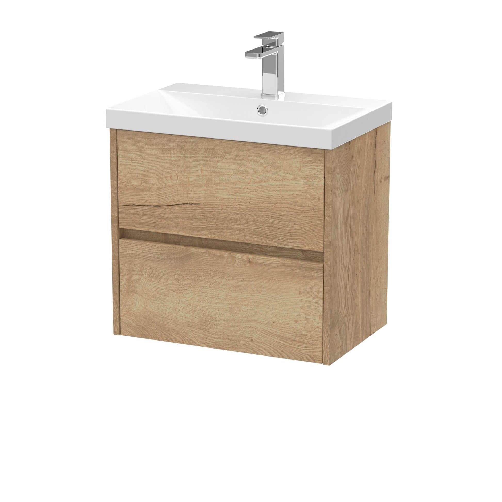 Nui Havana 600mm Wall Hung 2 Drawer Unit & Basin 3 Contemporary Autumn Oak MFC Textured Woodgrain 589x810x395mm - JJ Building Materials