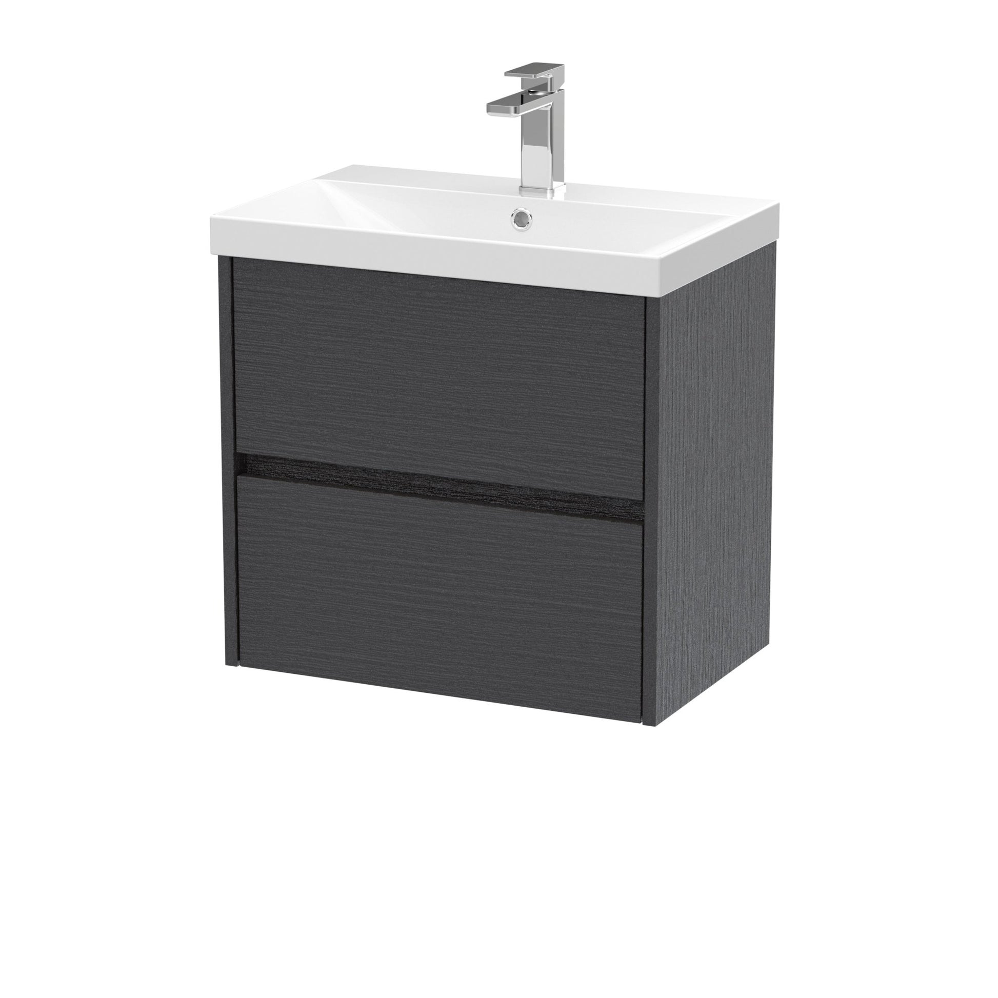 Nui Havana 600mm Wall Hung 2 Drawer Unit & Basin 3 Contemporary Graphite Grey Woodgrain MFC Textured Woodgrain 589x610x395mm - JJ Building Materials