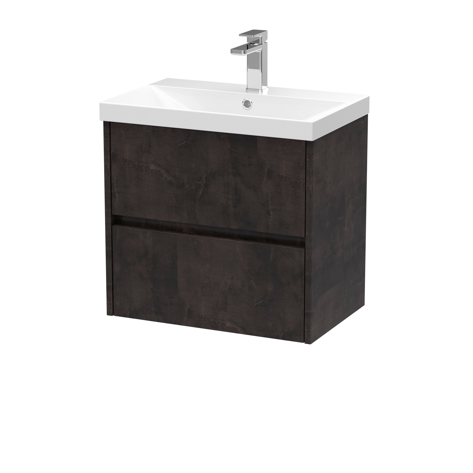 Nui Havana 600mm Wall Hung 2 Drawer Unit & Basin 3 Contemporary Metallic Slate MFC Textured Matt 589x610x395mm - JJ Building Materials
