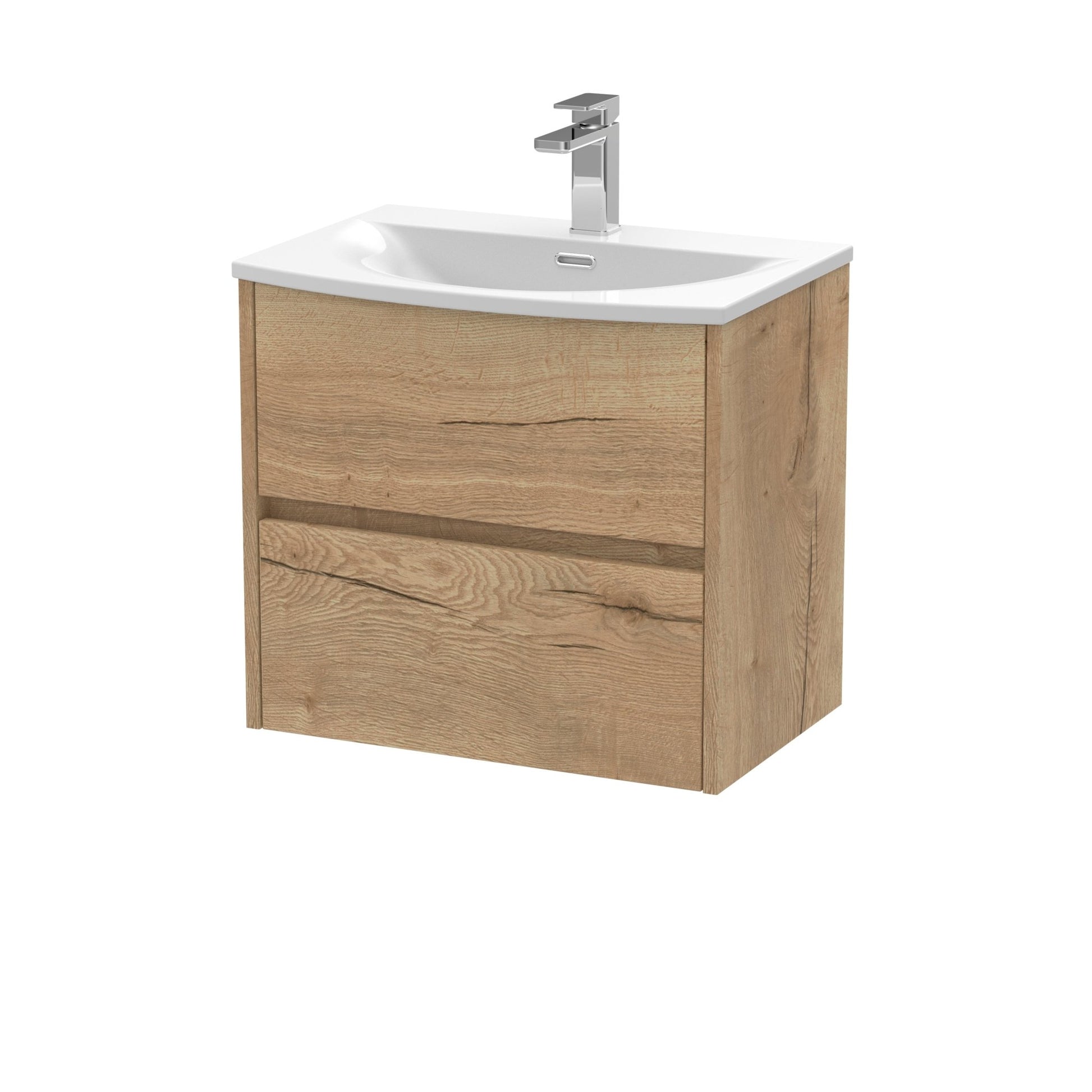 Nui Havana 600mm Wall Hung 2 Drawer Unit & Basin 4 Contemporary Autumn Oak MFC Textured Woodgrain 564x610x440mm - JJ Building Materials