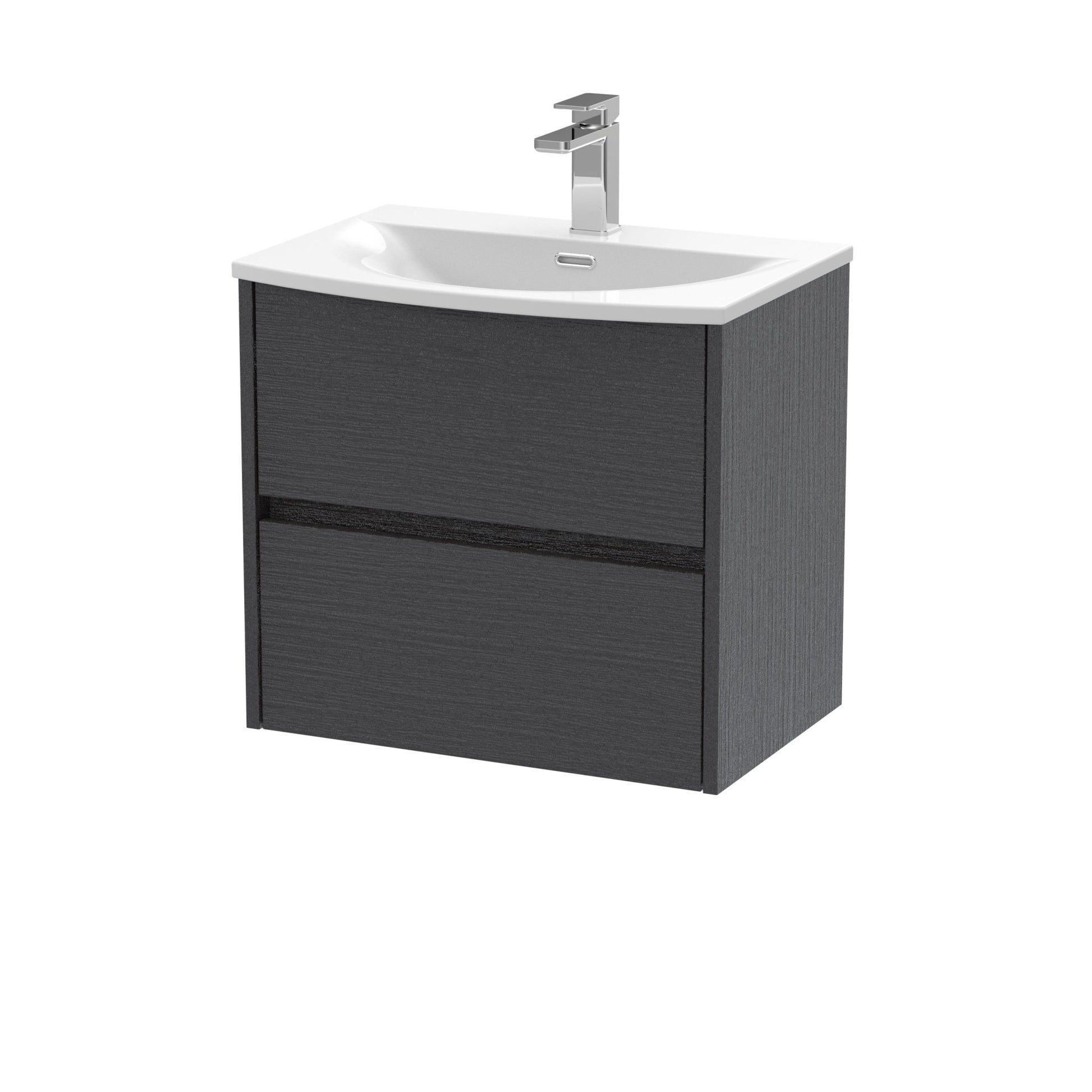 Nui Havana 600mm Wall Hung 2 Drawer Unit & Basin 4 Contemporary Graphite Grey Woodgrain MFC Textured Woodgrain 564x610x440mm - JJ Building Materials