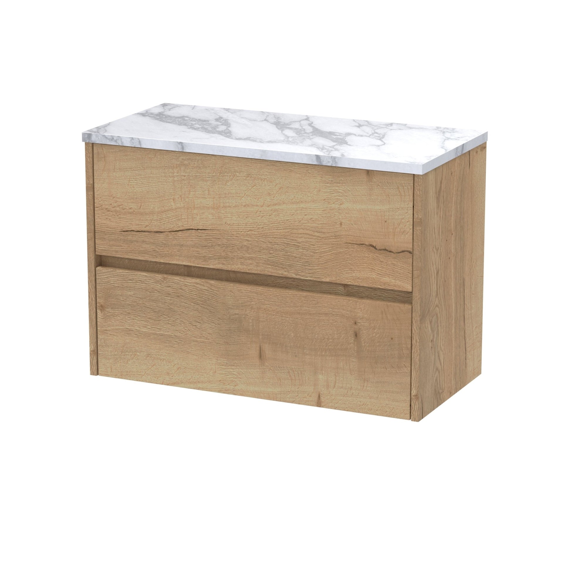 Nui Havana 800 Wall Hung 2 - drawer Unit & Laminate Worktop Contemporary Autumn Oak MFC Textured Woodgrain 561x805x390mm - JJ Building Materials