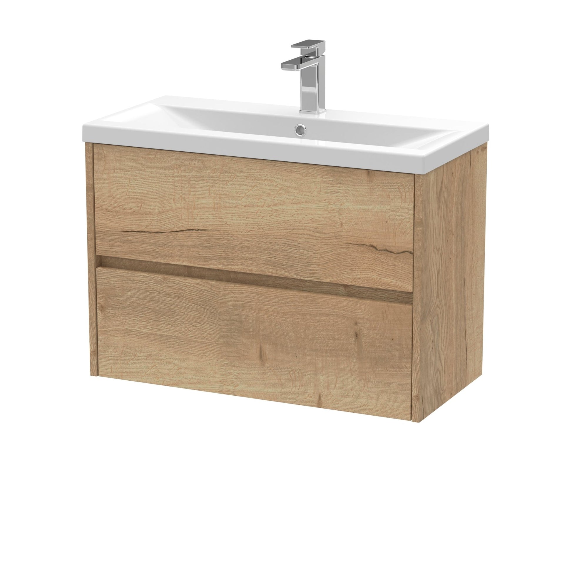 Nui Havana 800mm Wall Hung 2 Drawer Unit & Basin 1 Contemporary Autumn Oak MFC Textured Woodgrain 579x810x390mm - JJ Building Materials