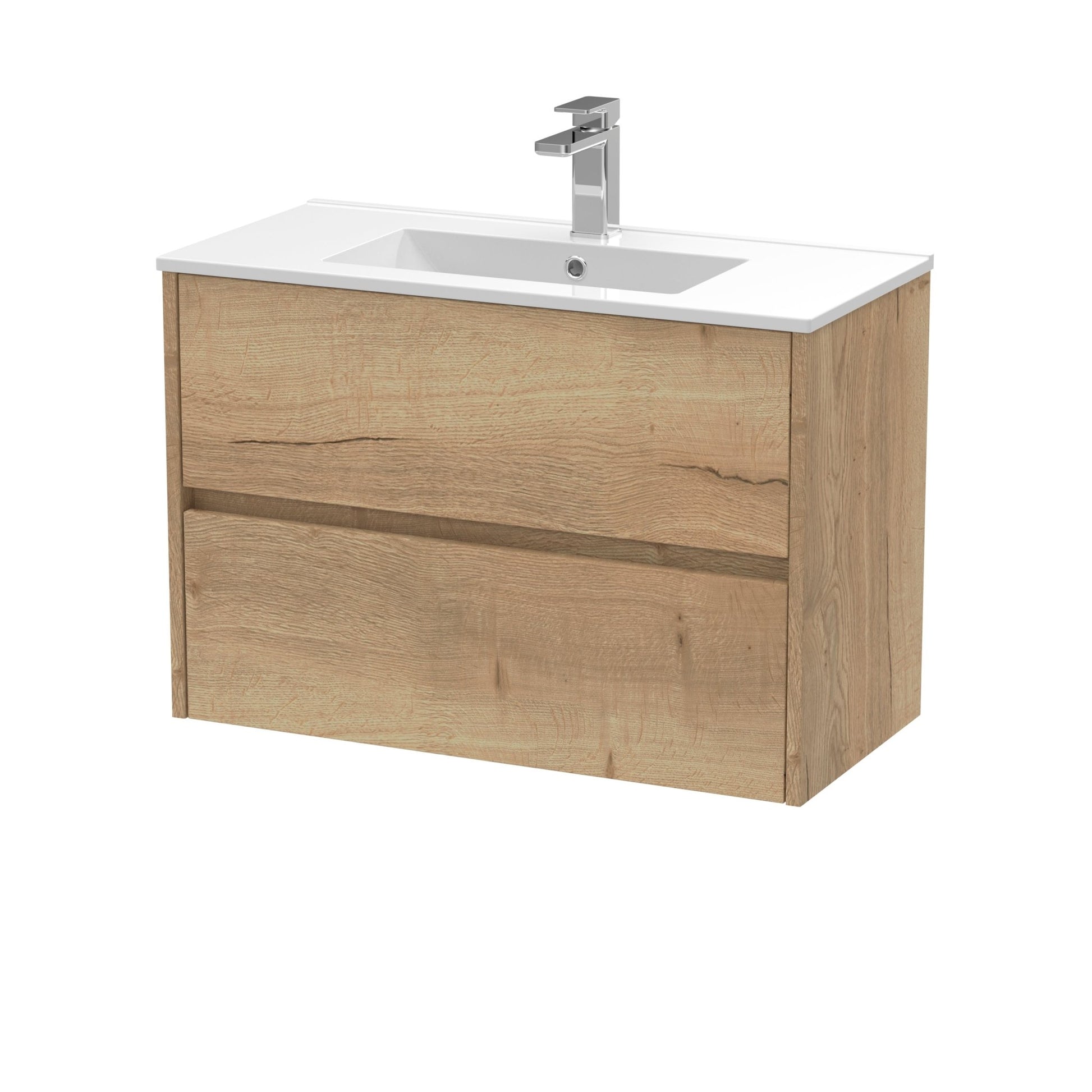 Nui Havana 800mm Wall Hung 2 Drawer Unit & Basin 2 Contemporary Autumn Oak MFC Textured Woodgrain 557x800x390mm - JJ Building Materials