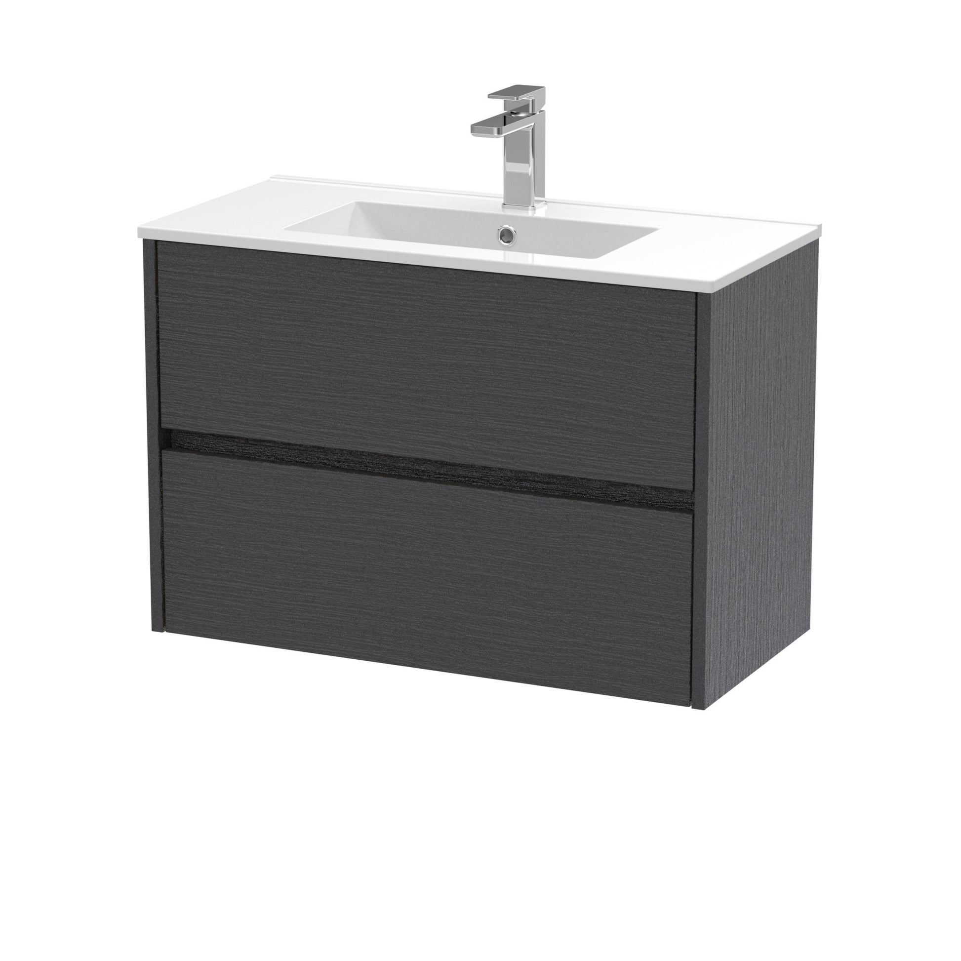Nui Havana 800mm Wall Hung 2 Drawer Unit & Basin 2 Contemporary Graphite Grey Woodgrain MFC Textured Woodgrain 557x800x390mm - JJ Building Materials
